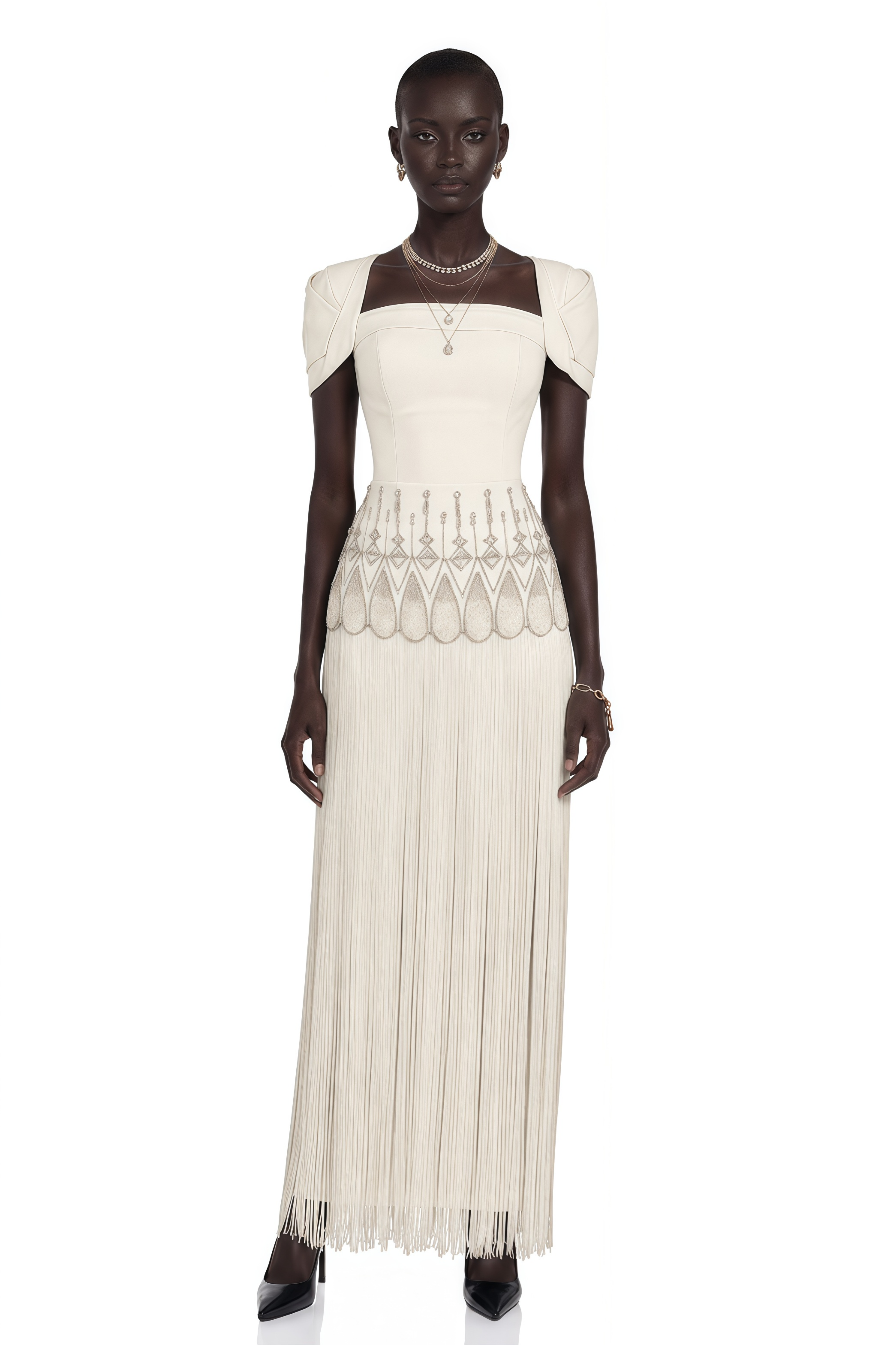 Arianwen White Embellished Fringe Maxi Dress