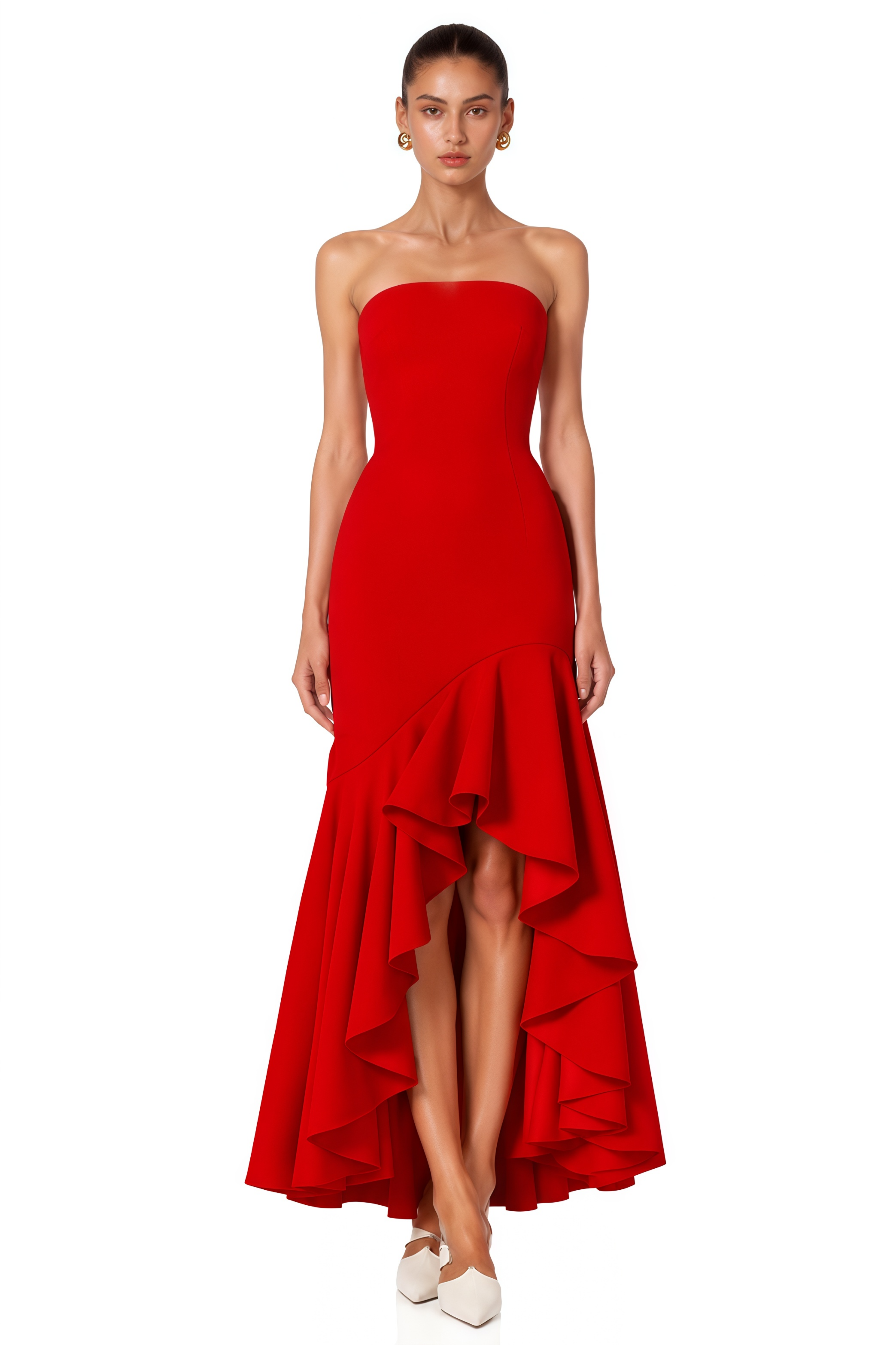 Asteria Red Strapless Maxi Dress with Ruffled Hem