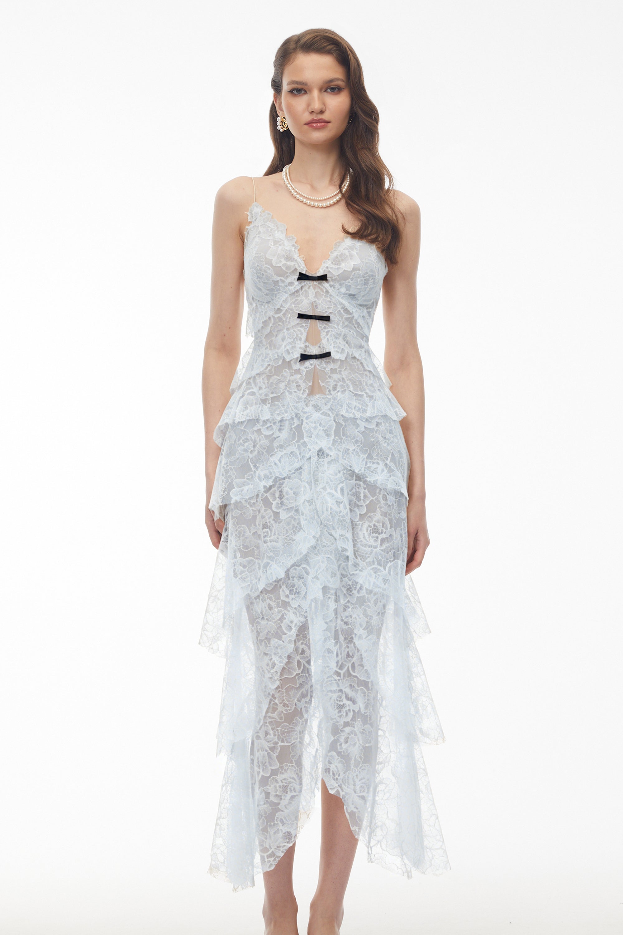 Atousa Blue Layered Floral Lace Maxi Dress with Bow (Final Sale)