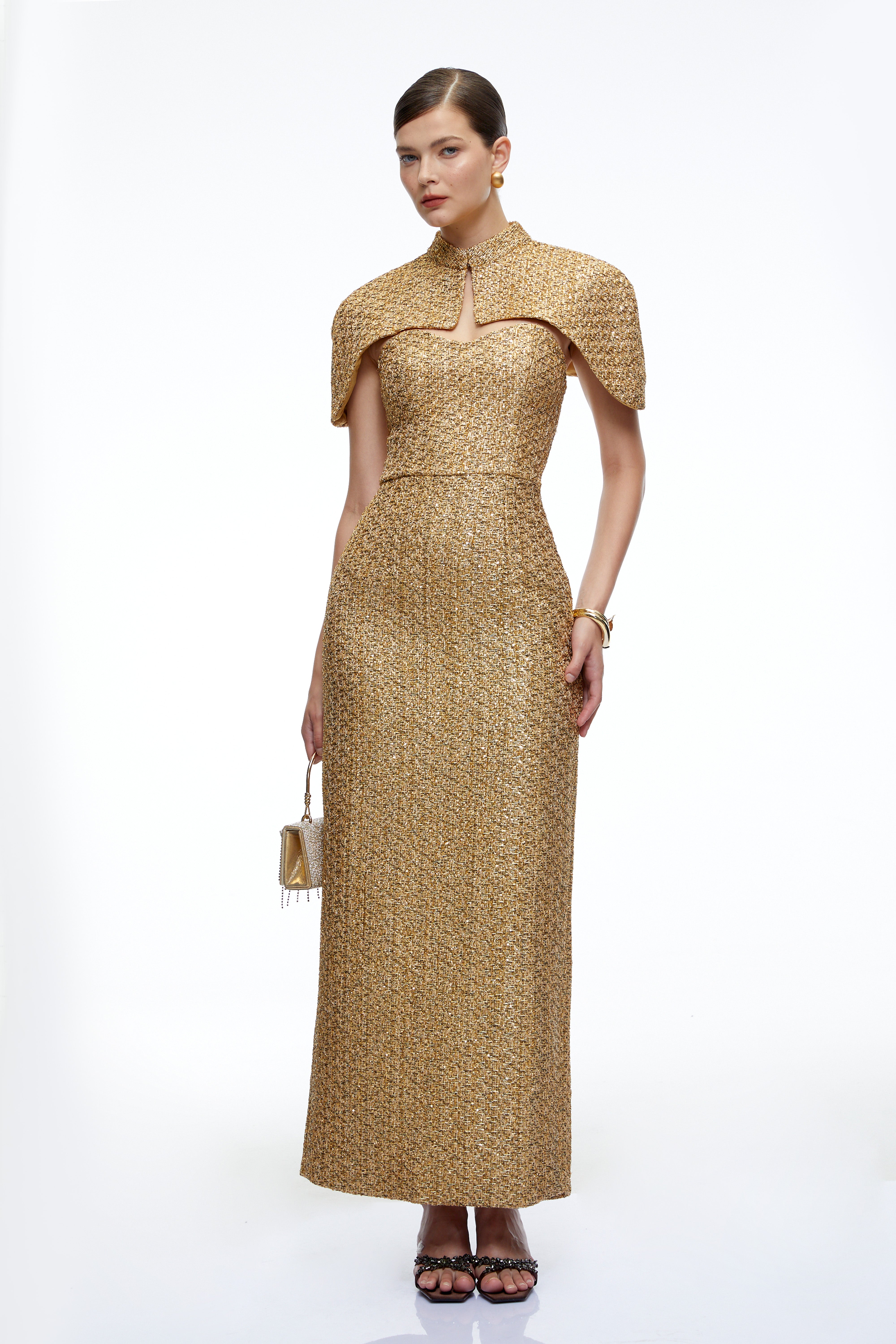 Arna Gold Sweetheart Neckline Tweed Maxi Dress with Cape
