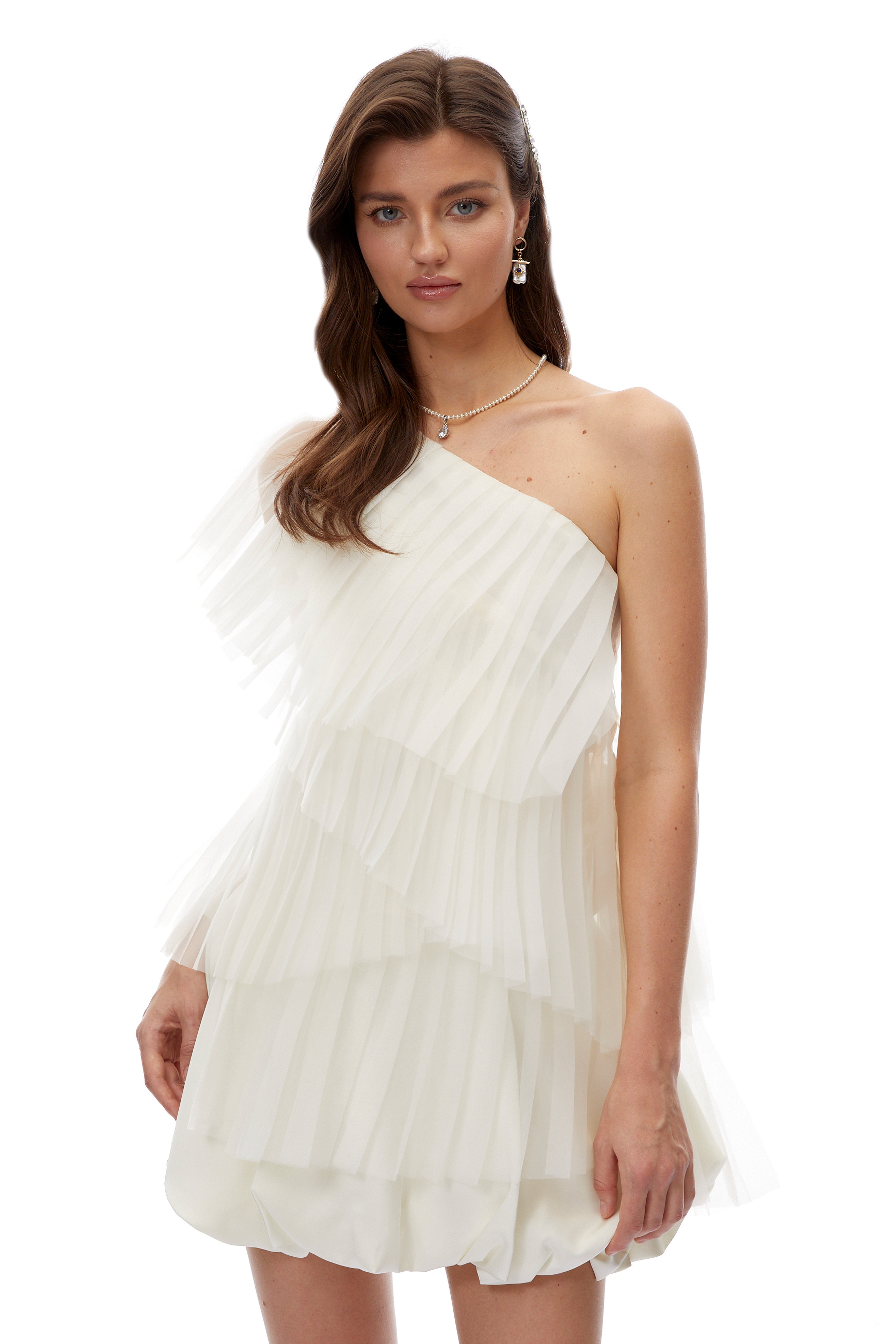Aurelia White One Shoulder Asymmetrical Pleated Top