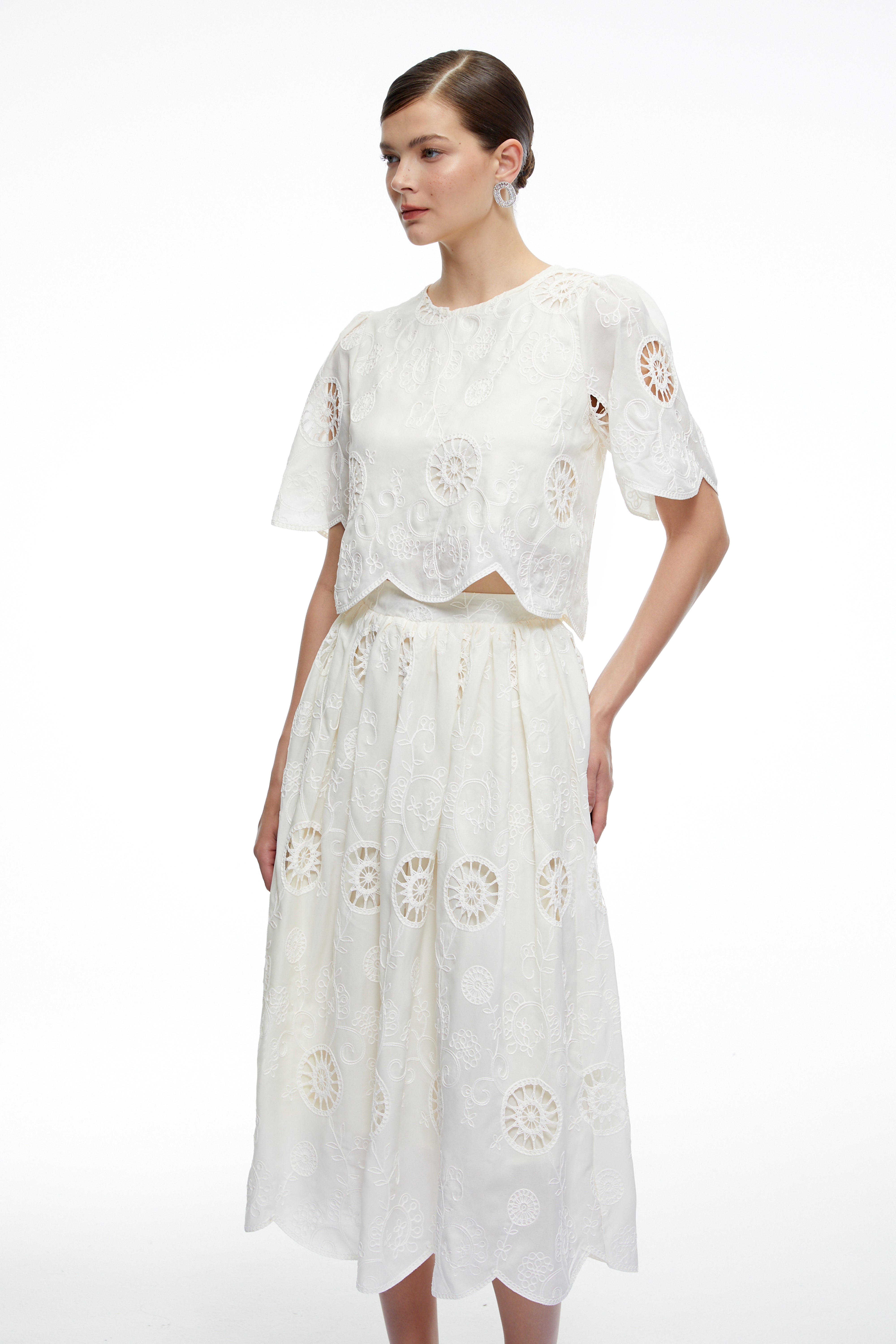 Aurelie Neutral Eyelet Crop Top & Midi Skirt Set