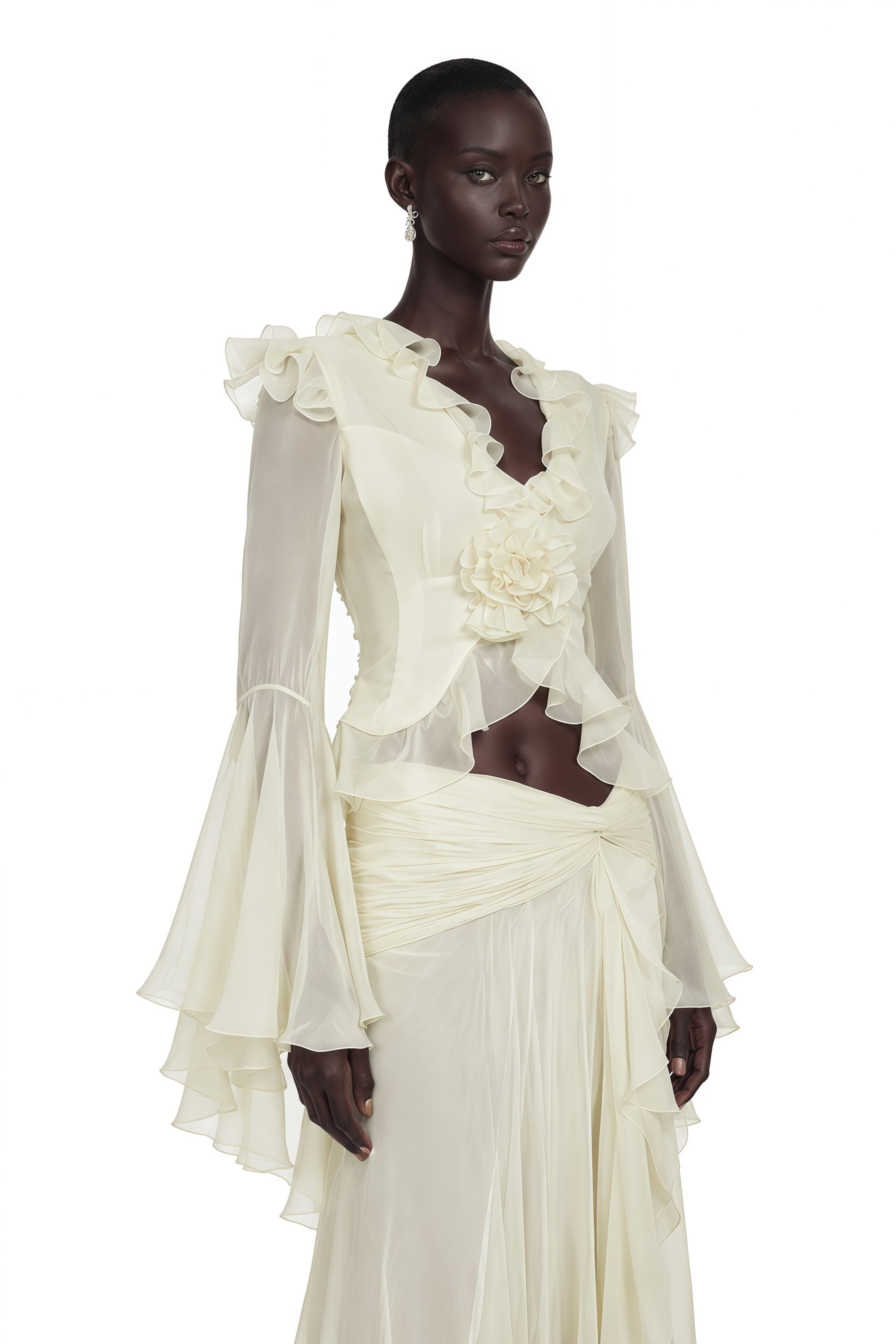 Aurora White Floral Applique Crop Top & Draped Skirt Set