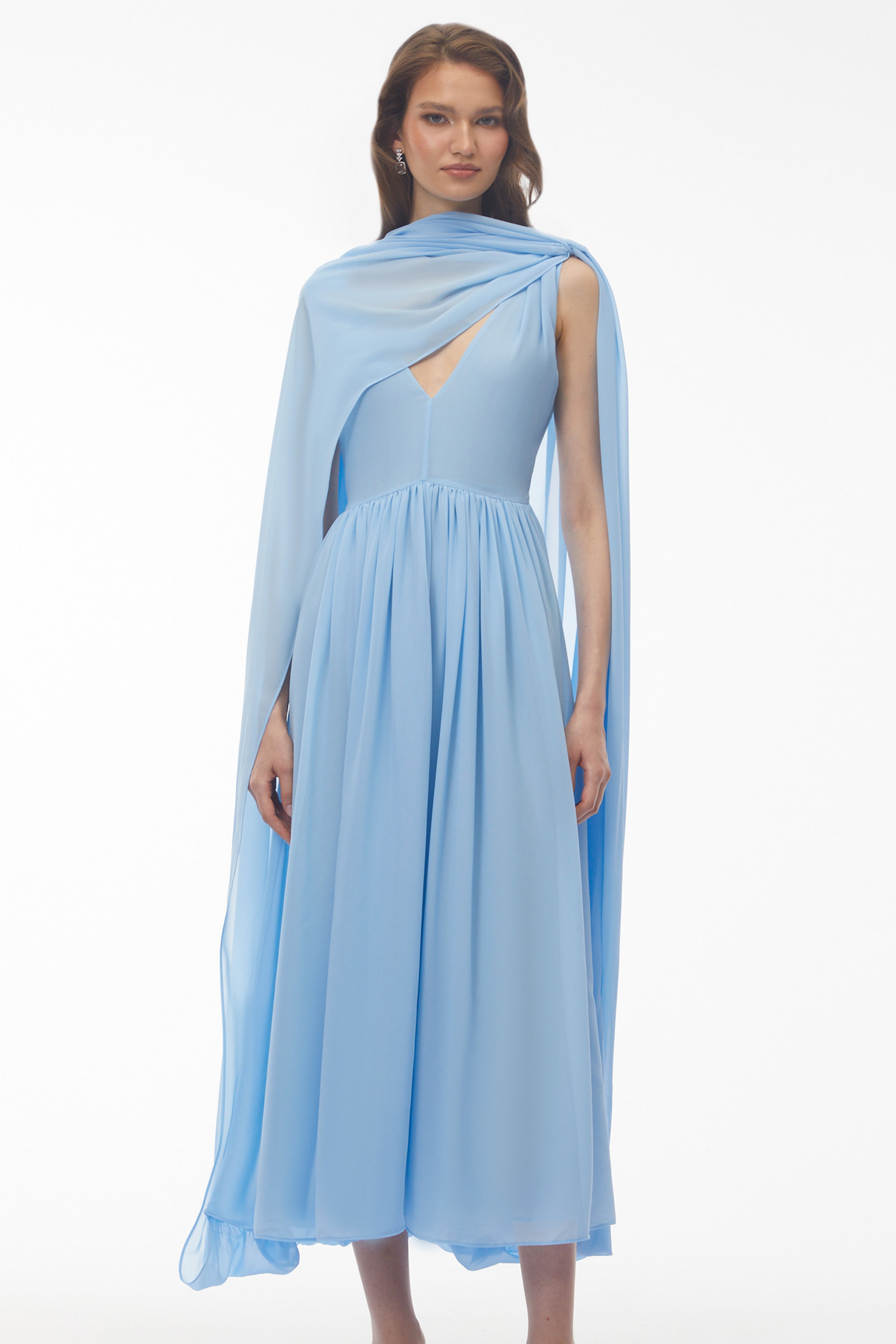 Beatrice Blue Ruched Midi Dress with Oversized Cape (Final Sale)