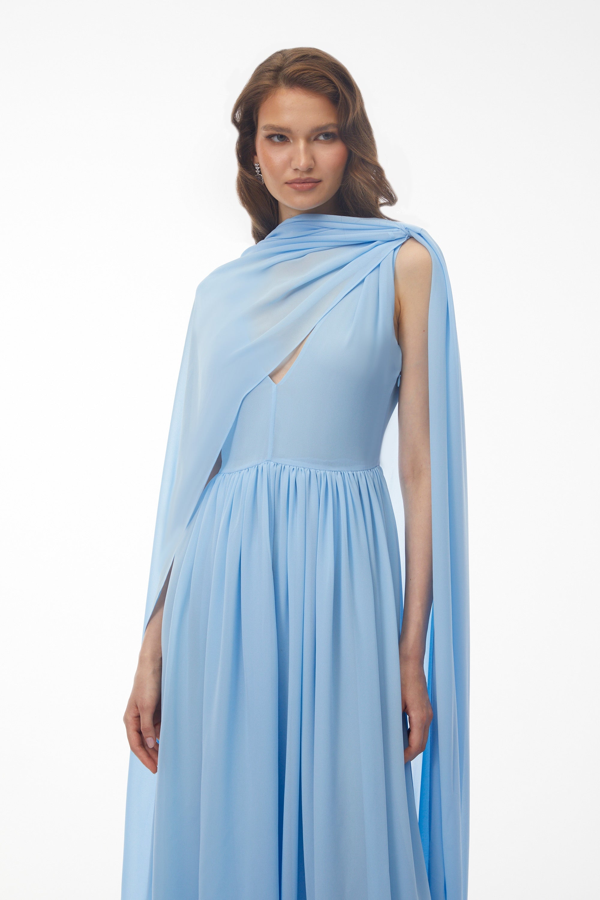 Beatrice Blue Ruched Midi Dress with Oversized Cape (Final Sale)