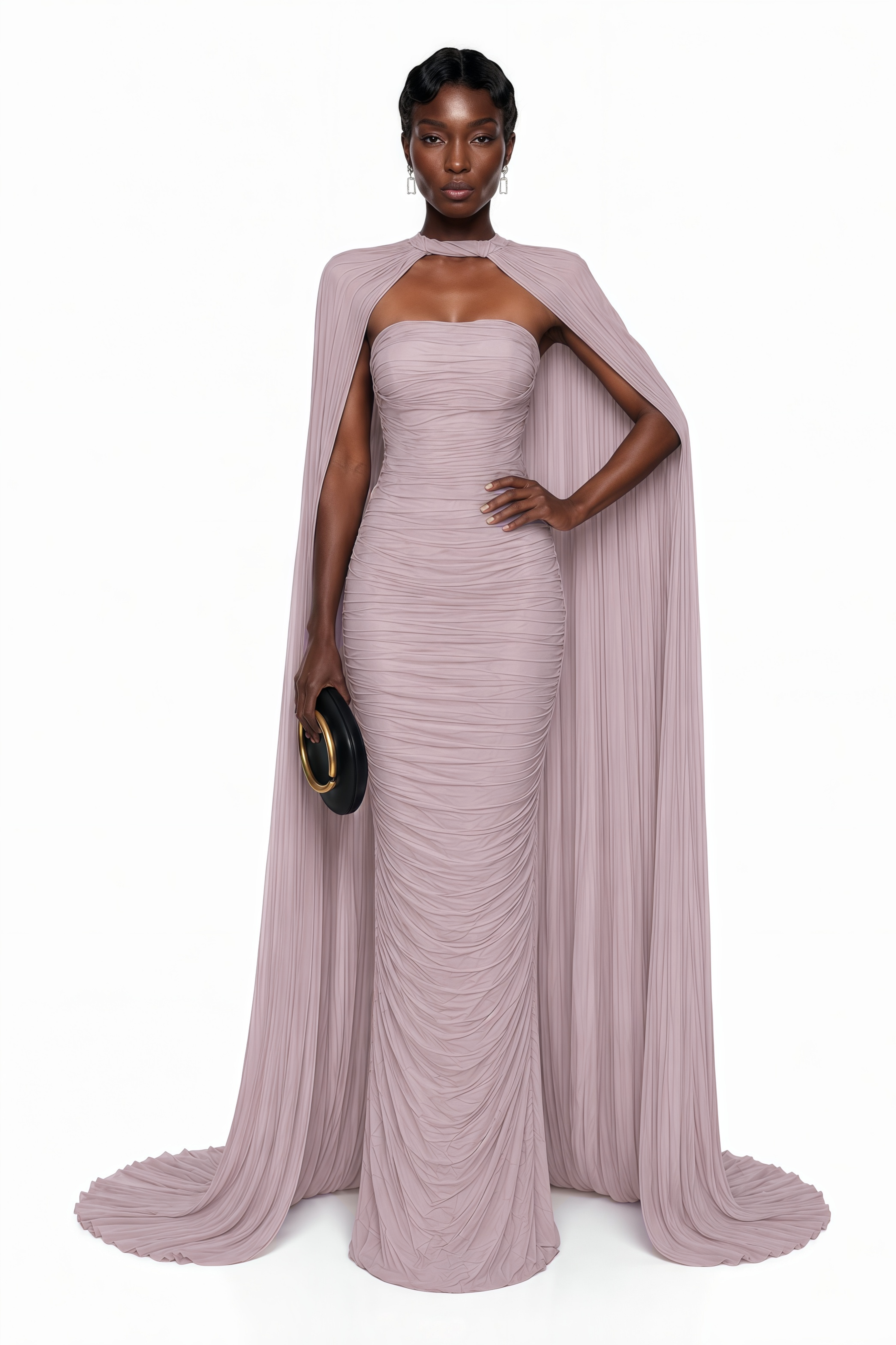 Mauve strapless maxi dress featuring a ruched bodycon silhouette and a matching pleated floor-length cape