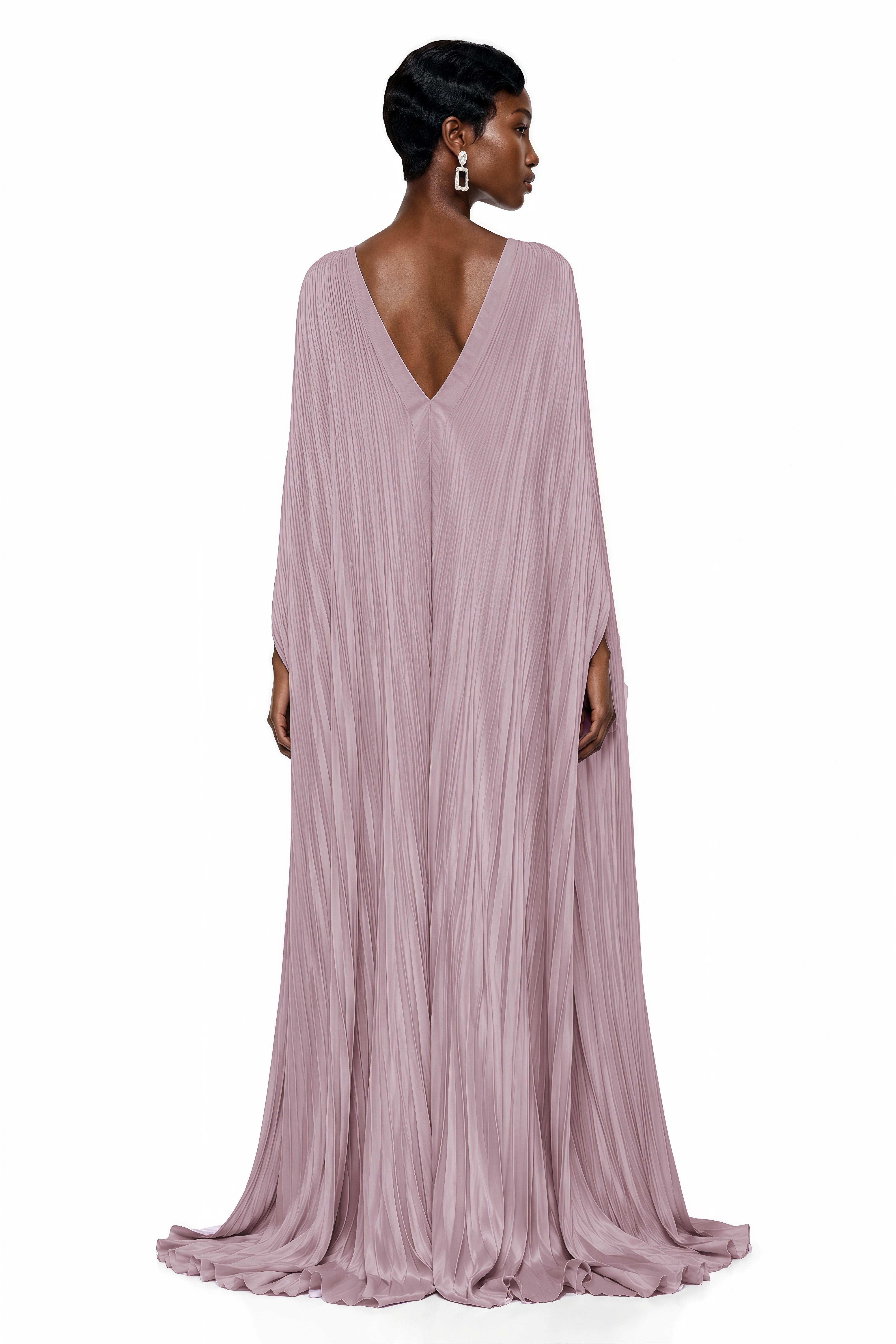 Mauve strapless maxi dress featuring a ruched bodycon silhouette and a matching pleated floor-length cape