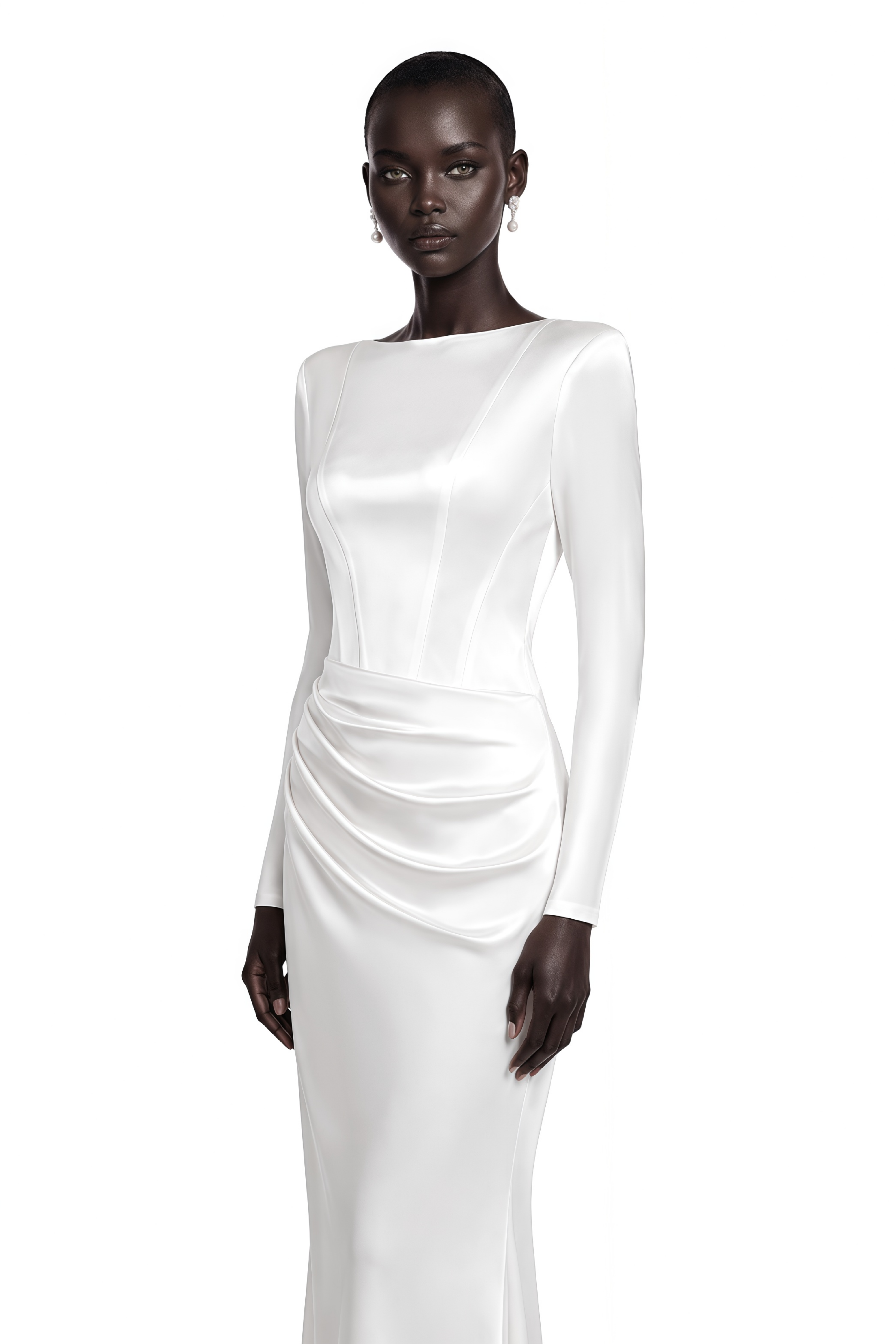 Belisent White Satin Long Sleeve Ruched Maxi Dress