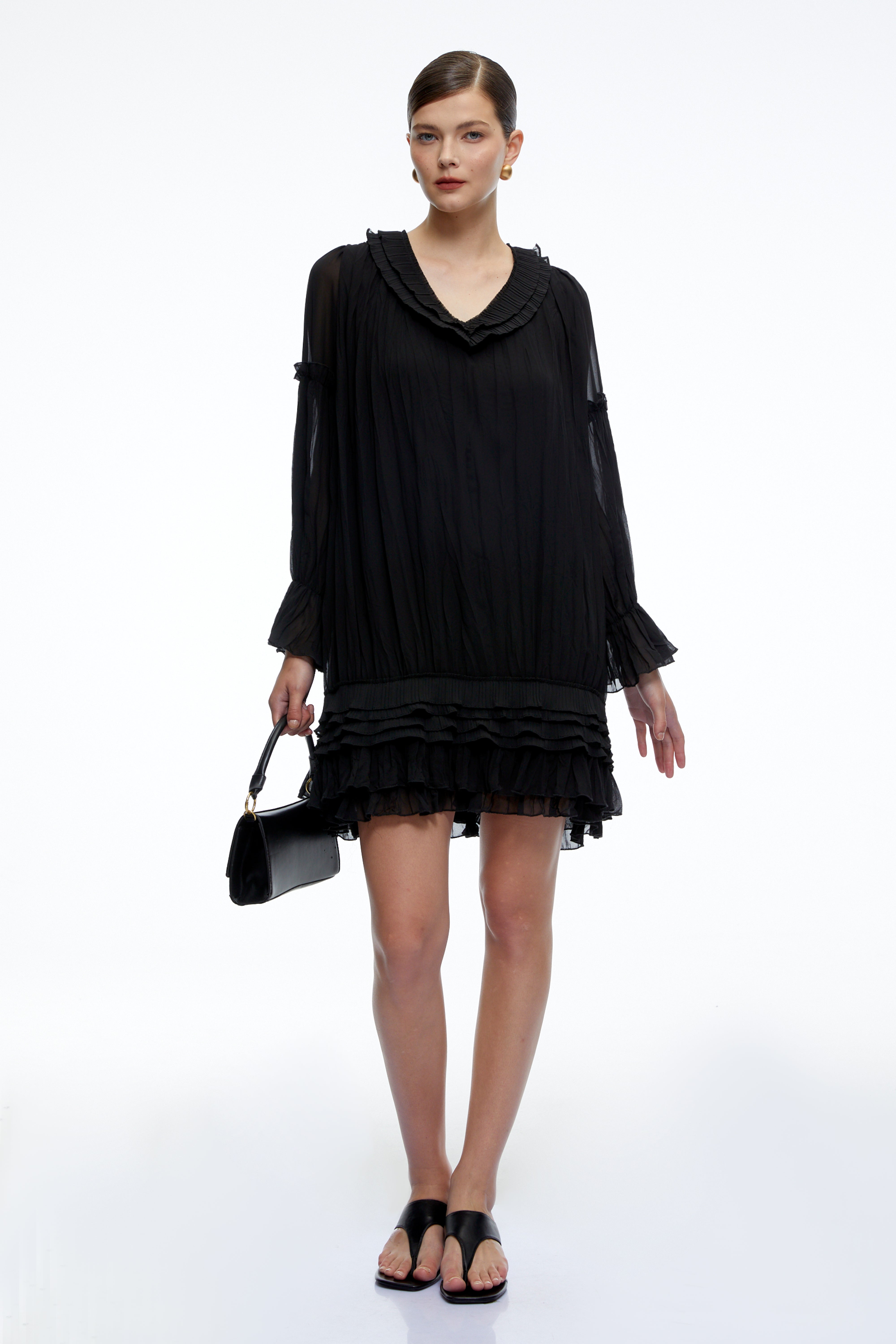 Belladonna Black V-Neck Tiered Mini Dress with Puff Sleeves