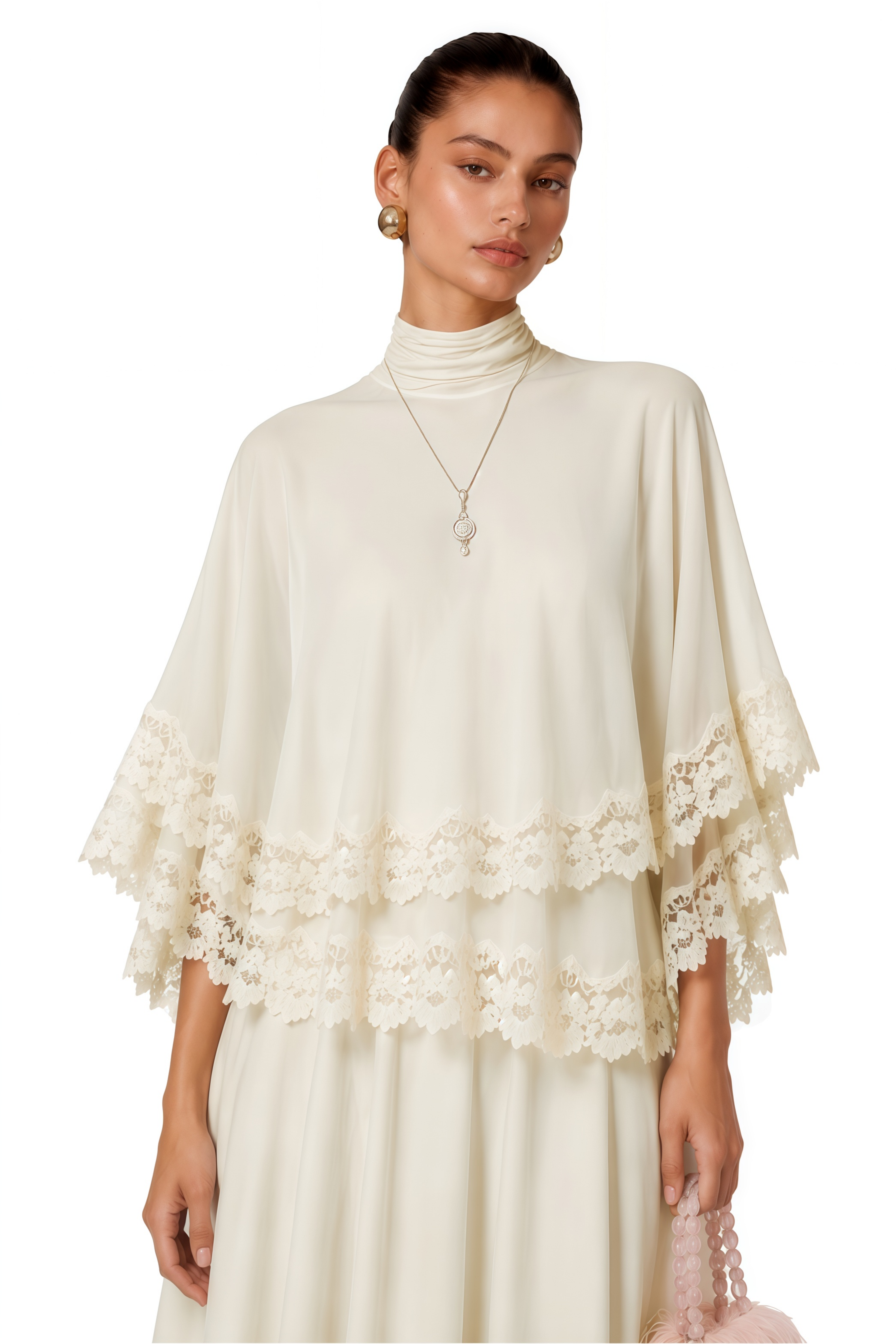 Benigna White Cape Sleeve Top & Skirt Set With Lace Trim