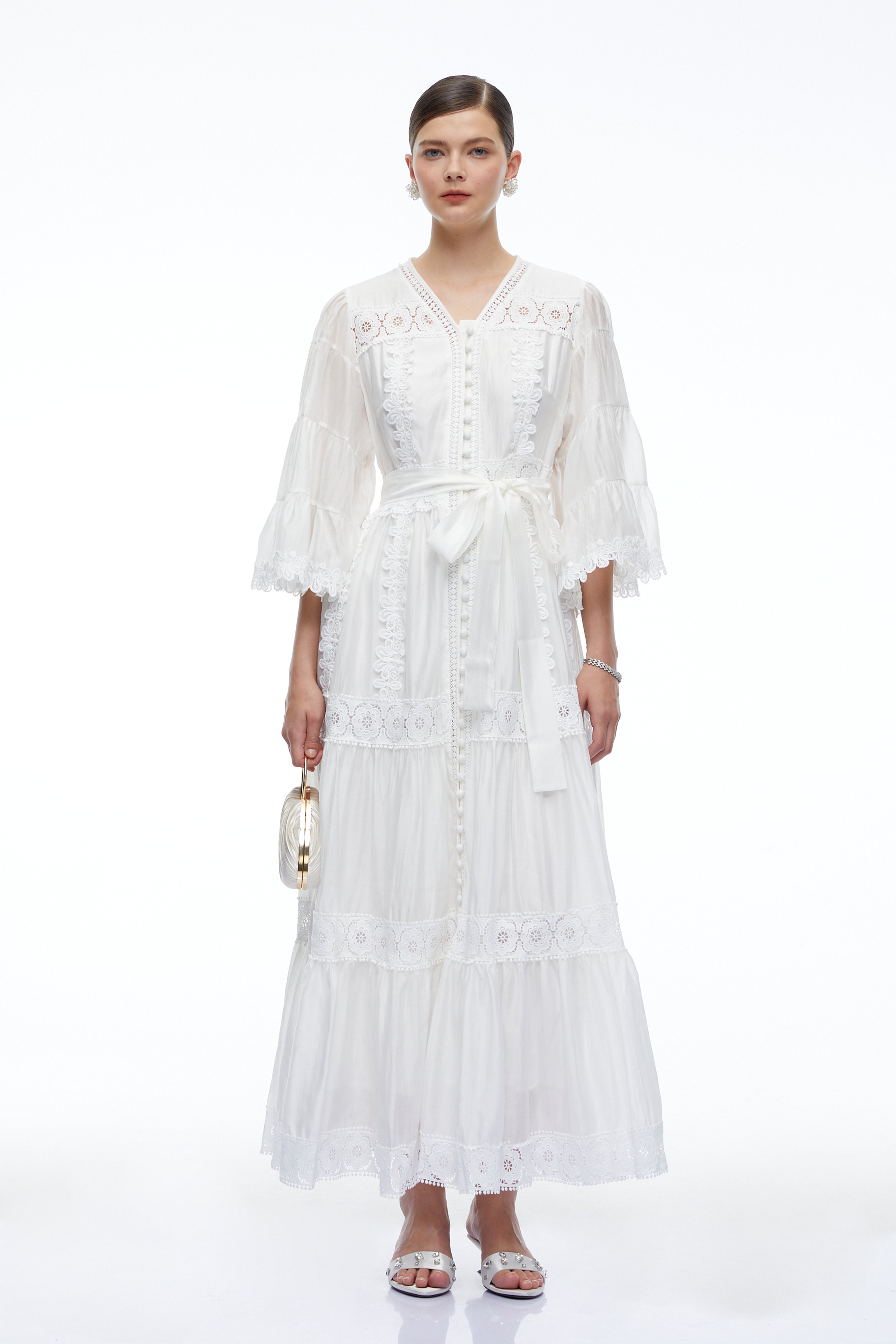 Berengaria White Lace Bell Sleeves Maxi Dress
