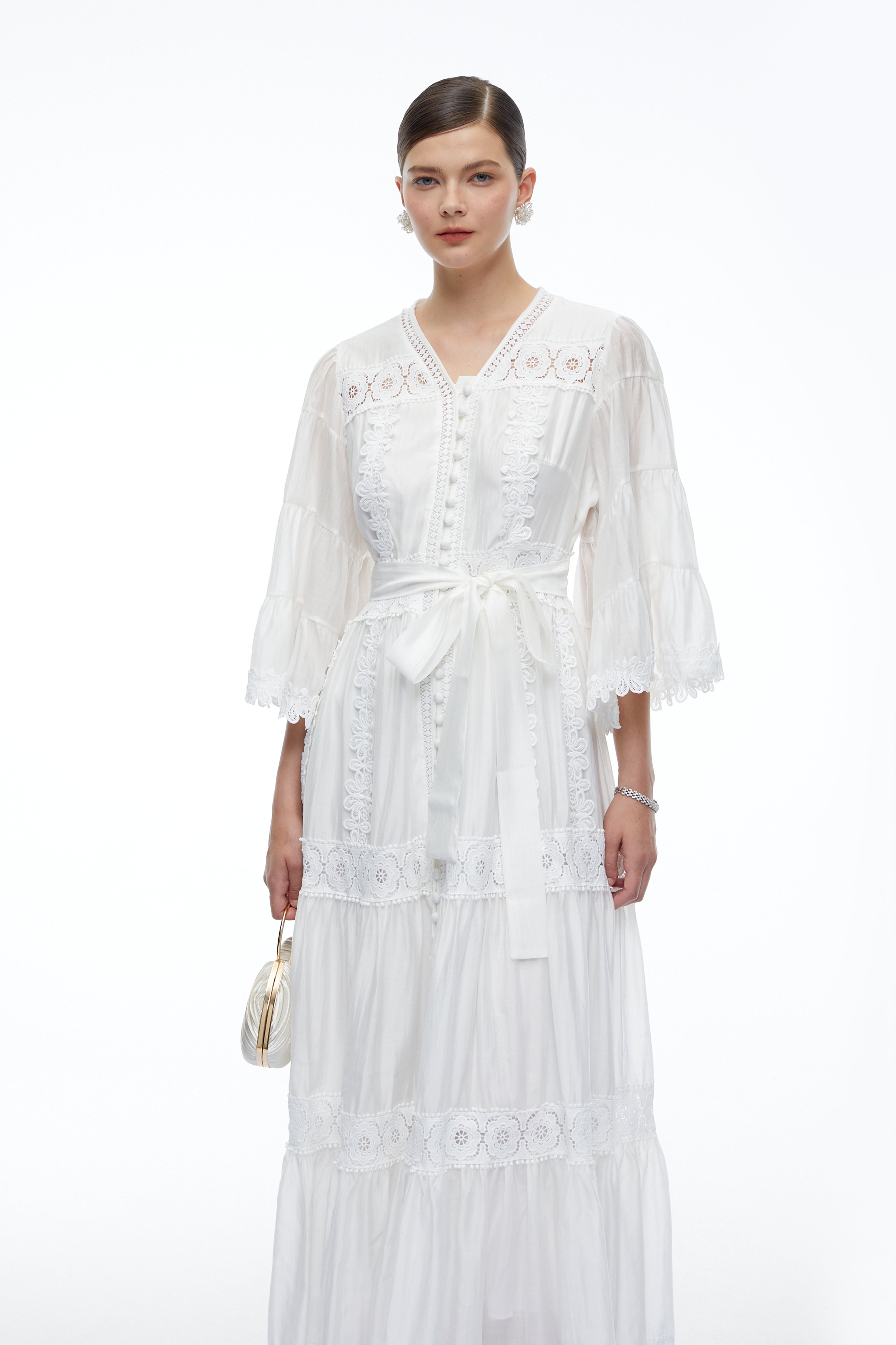 Berengaria White Lace Bell Sleeves Maxi Dress