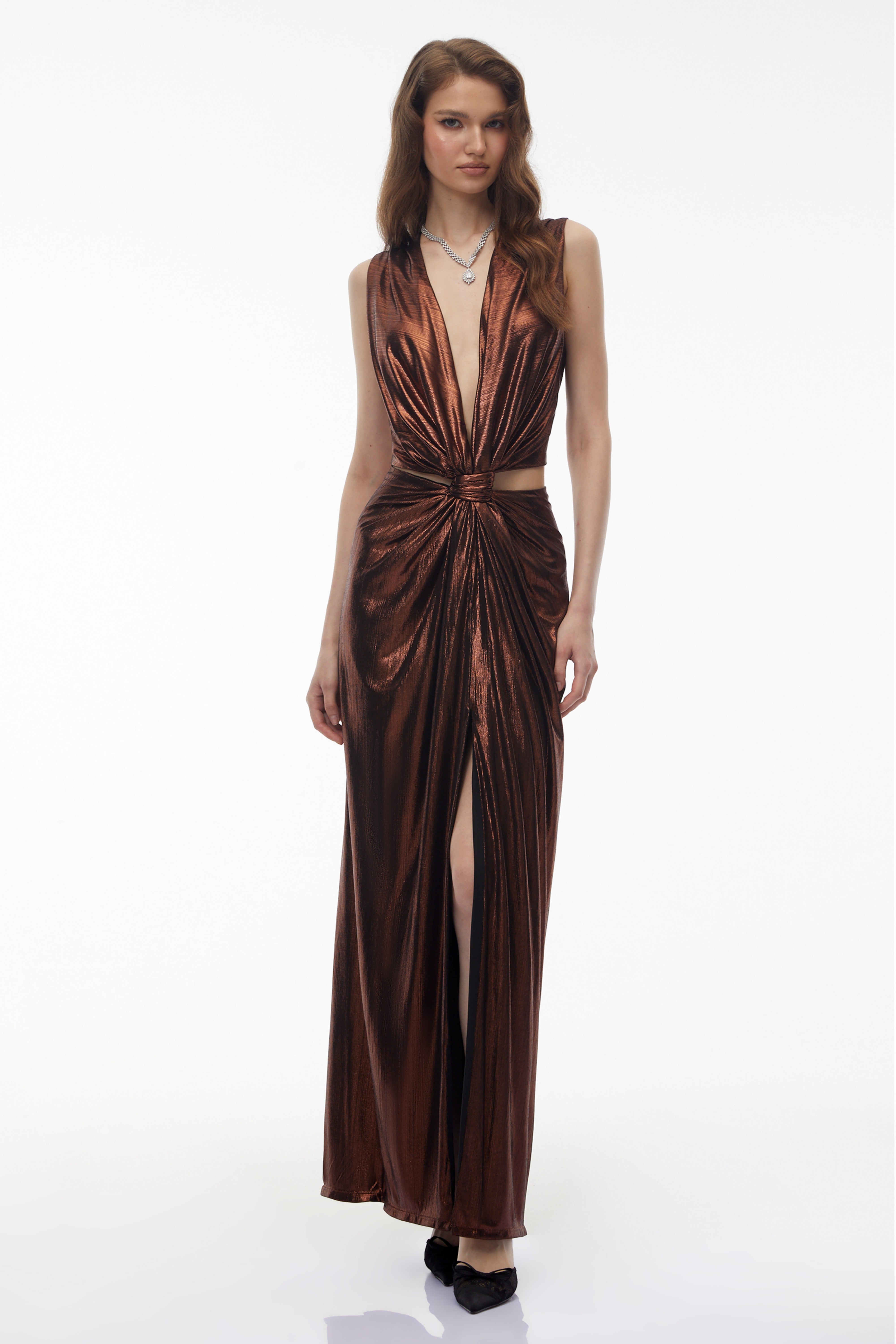 Berenike Metallic Bronze Ruched Satin Maxi Dress (Final Sale-US Only)