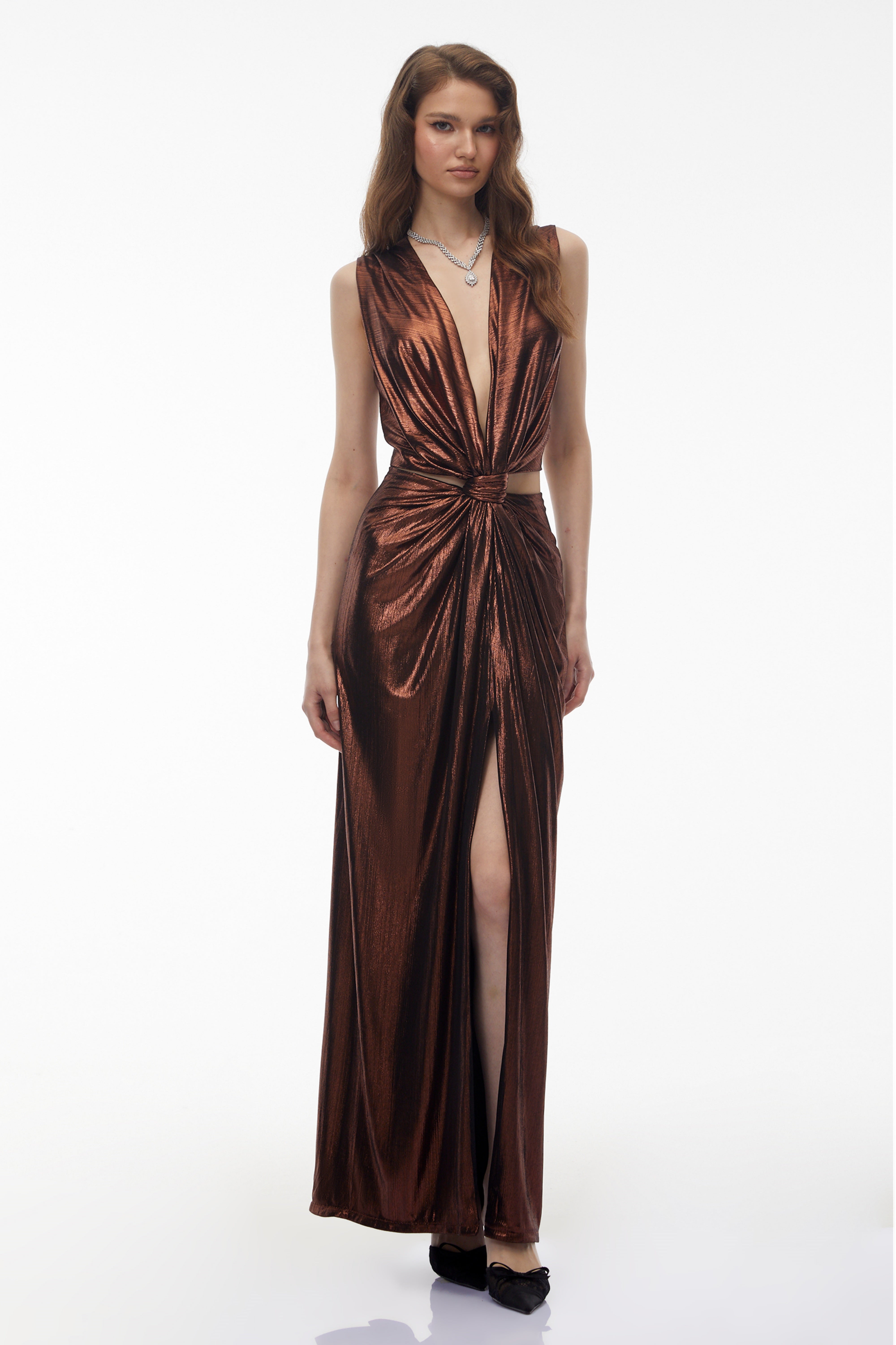 Berenike Metallic Bronze Ruched Satin Maxi Dress (Final Sale-US Only)