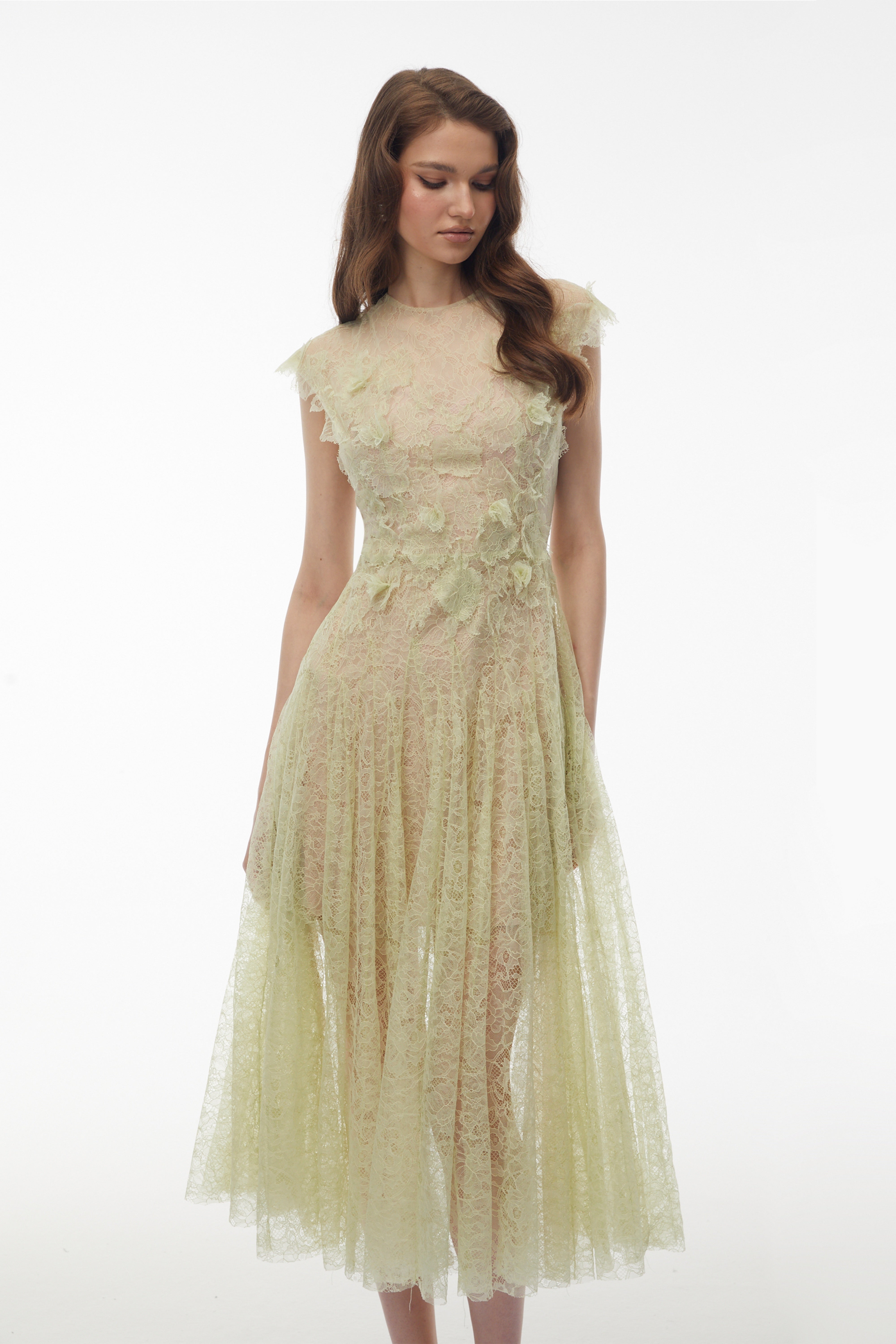Béryl Green Floral Lace Midi Dress (Final Sale-US Only)