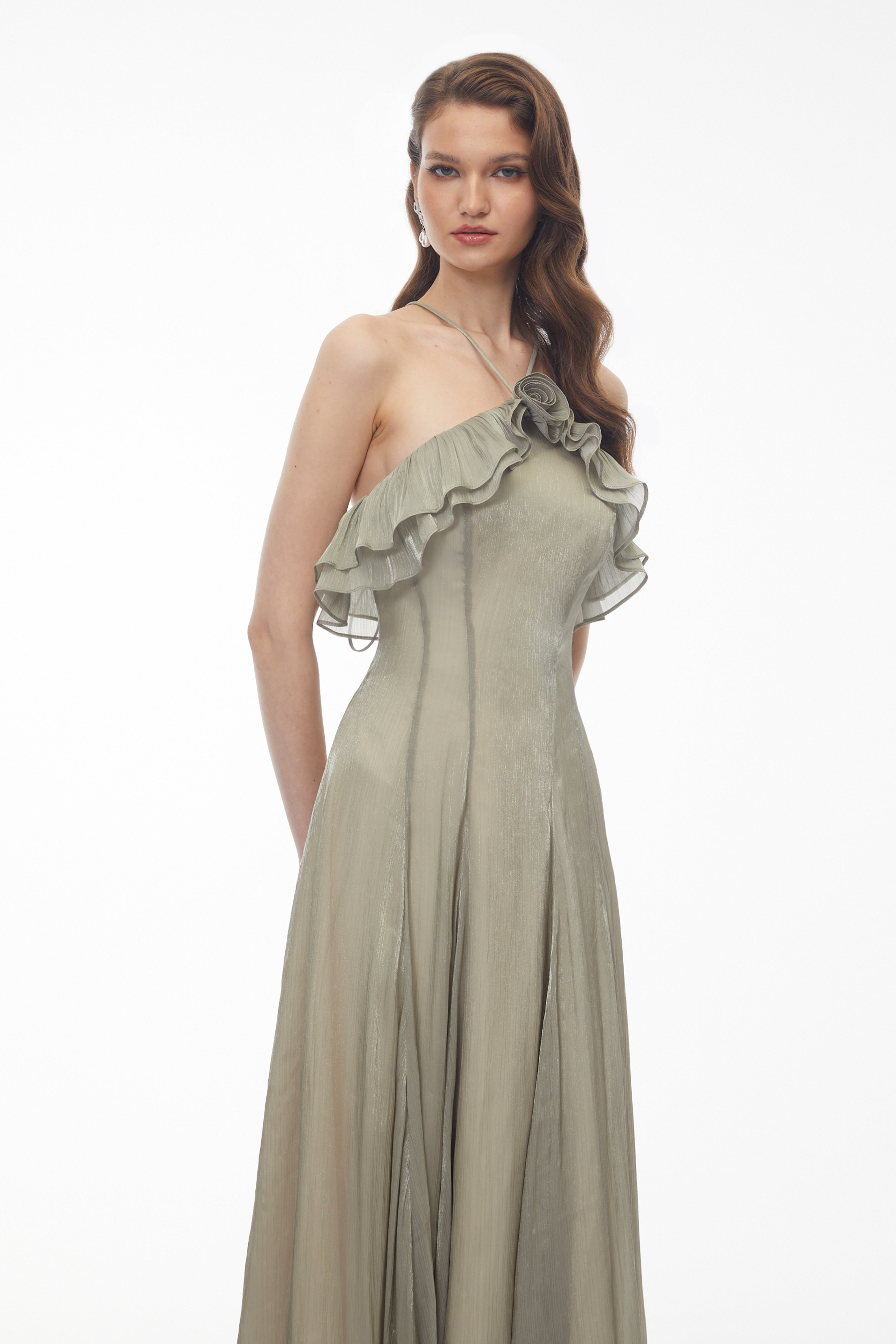 Bianka Green Pleated Maxi Dress with 3D Florals (Final Sale)