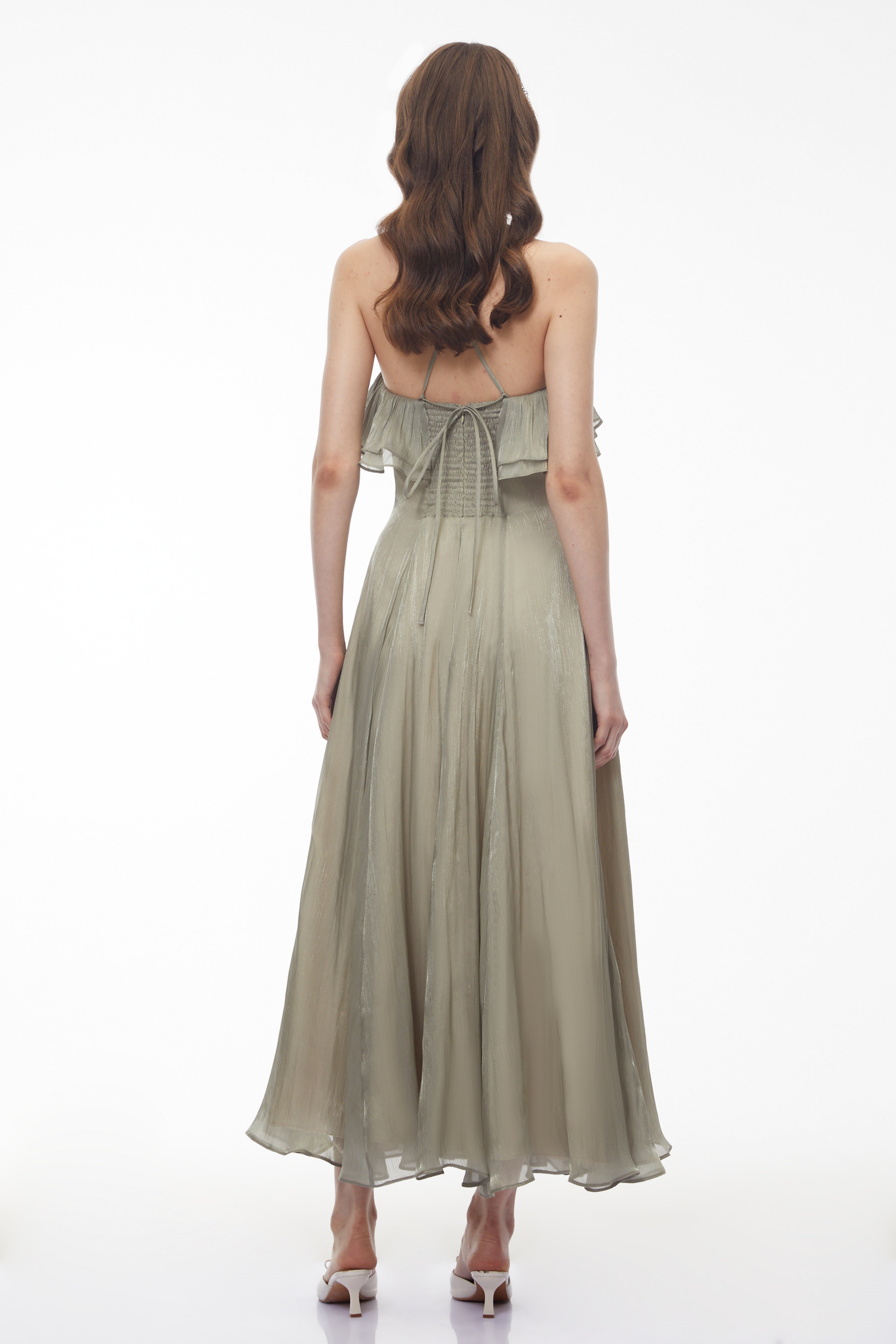 Bianka Green Pleated Maxi Dress with 3D Florals (Final Sale)