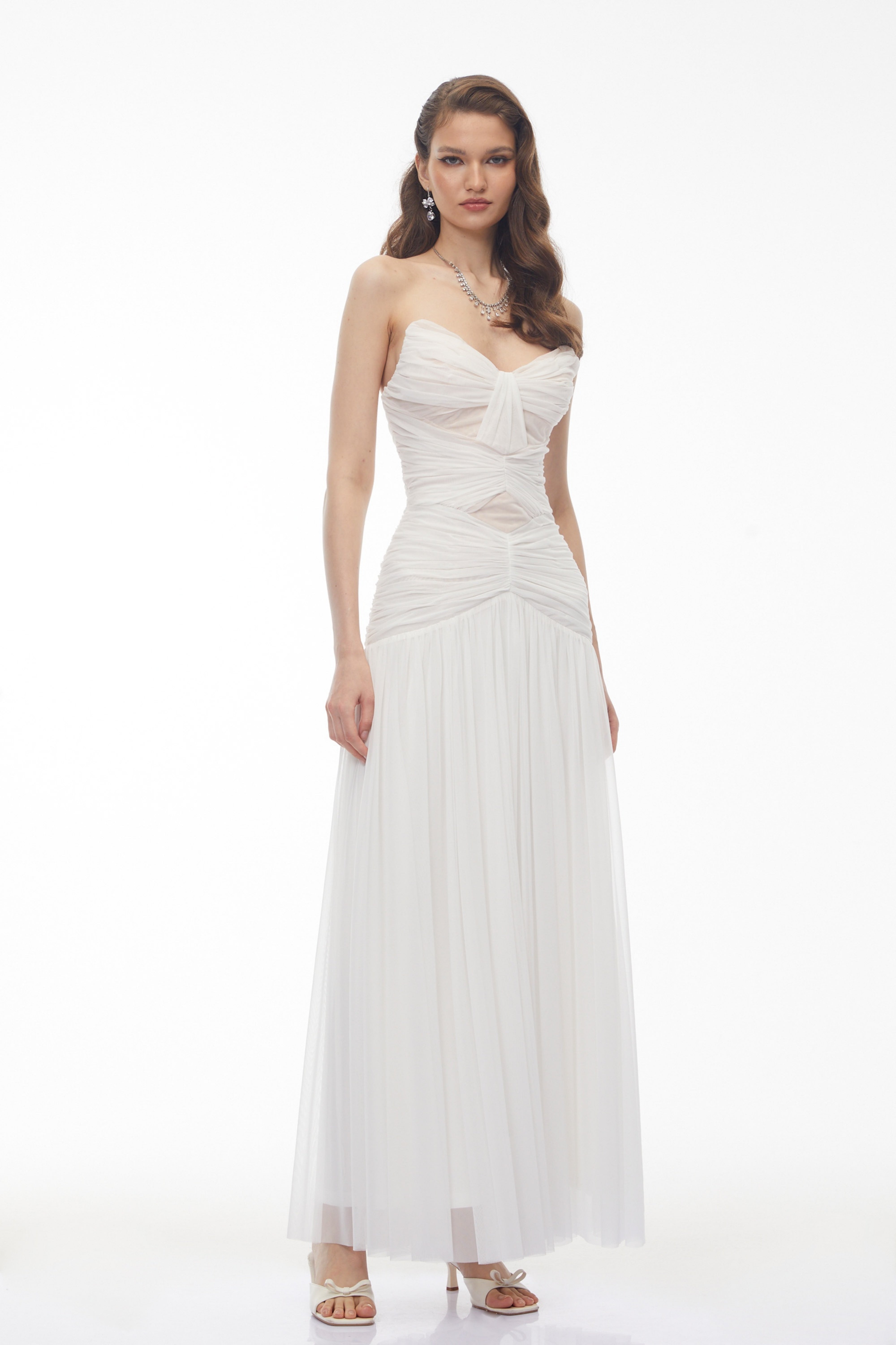 Bianka White Cross Front Ruched Maxi Dress (Final Sale)