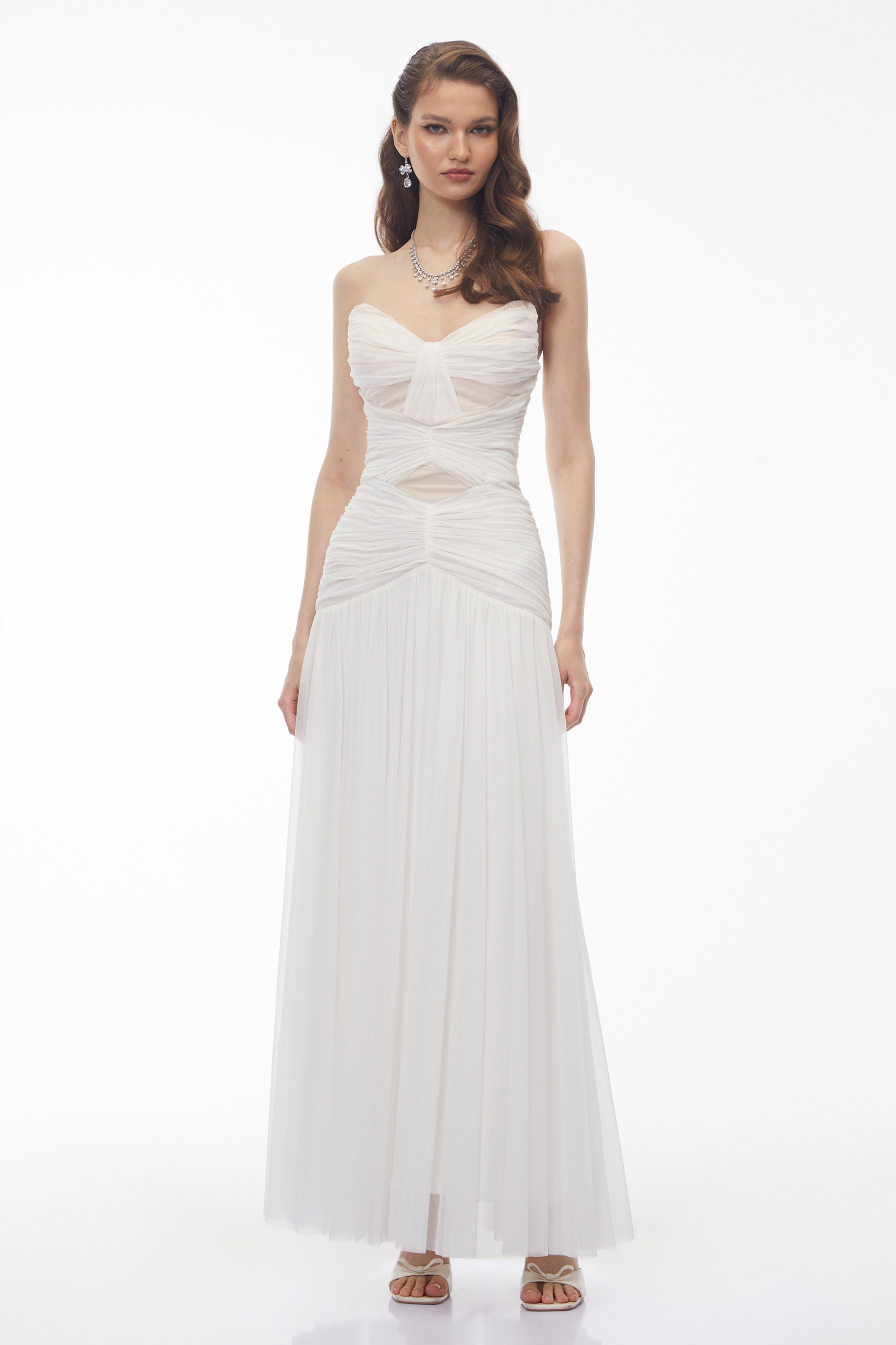 Bianka White Cross Front Ruched Maxi Dress (Final Sale)