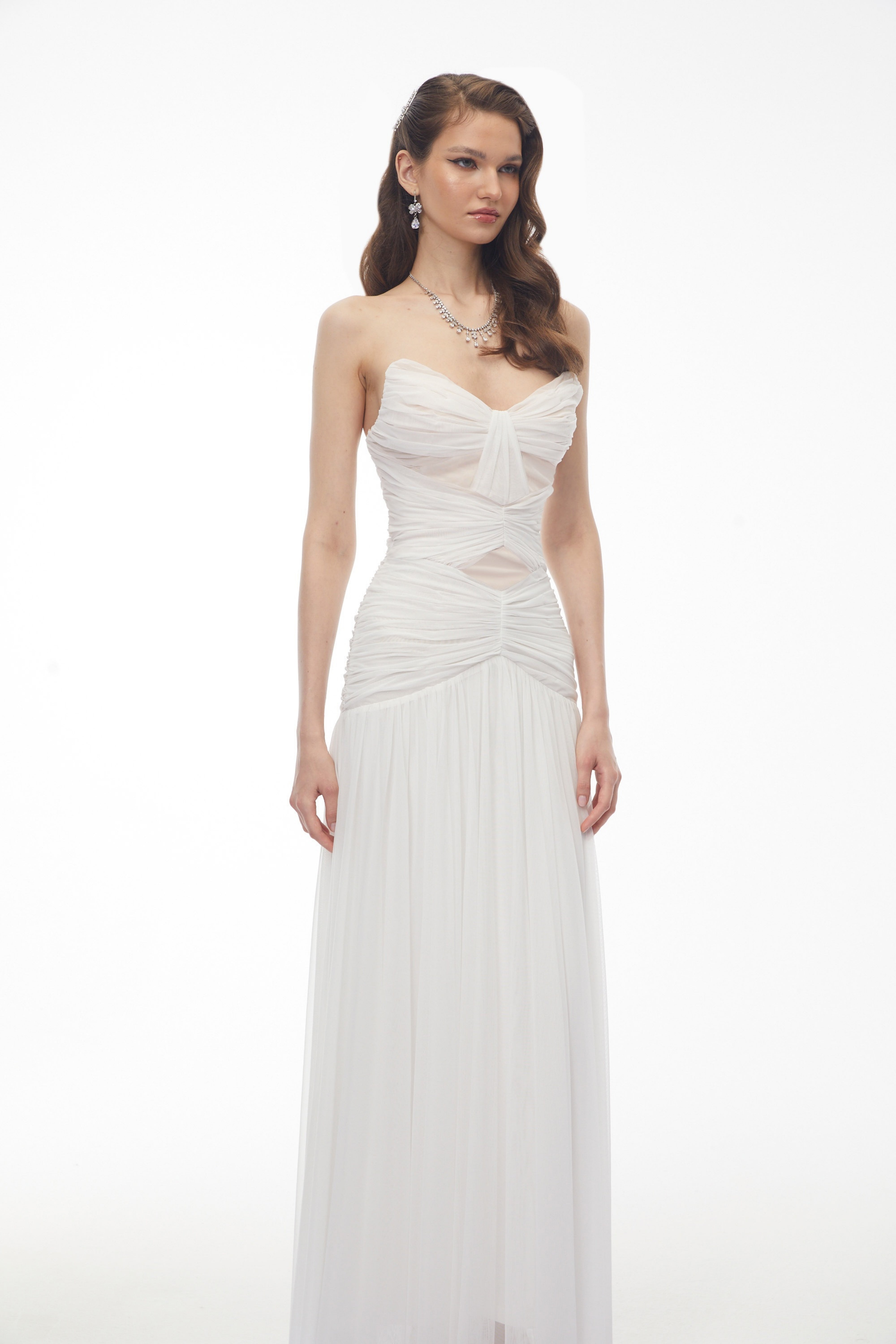 Bianka White Cross Front Ruched Maxi Dress (Final Sale)