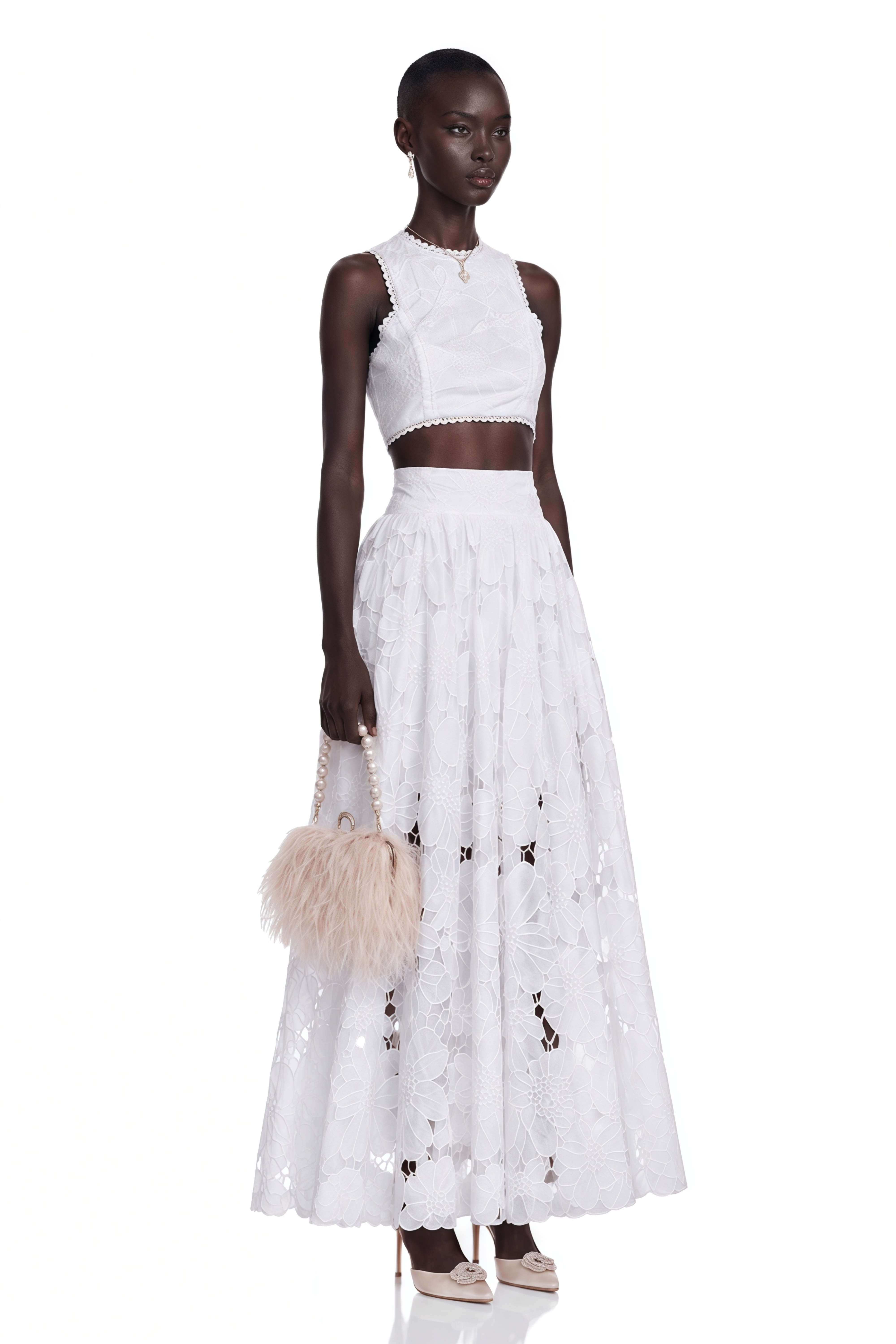 Bilun White Cut-Out Lace Top & Skirt Set