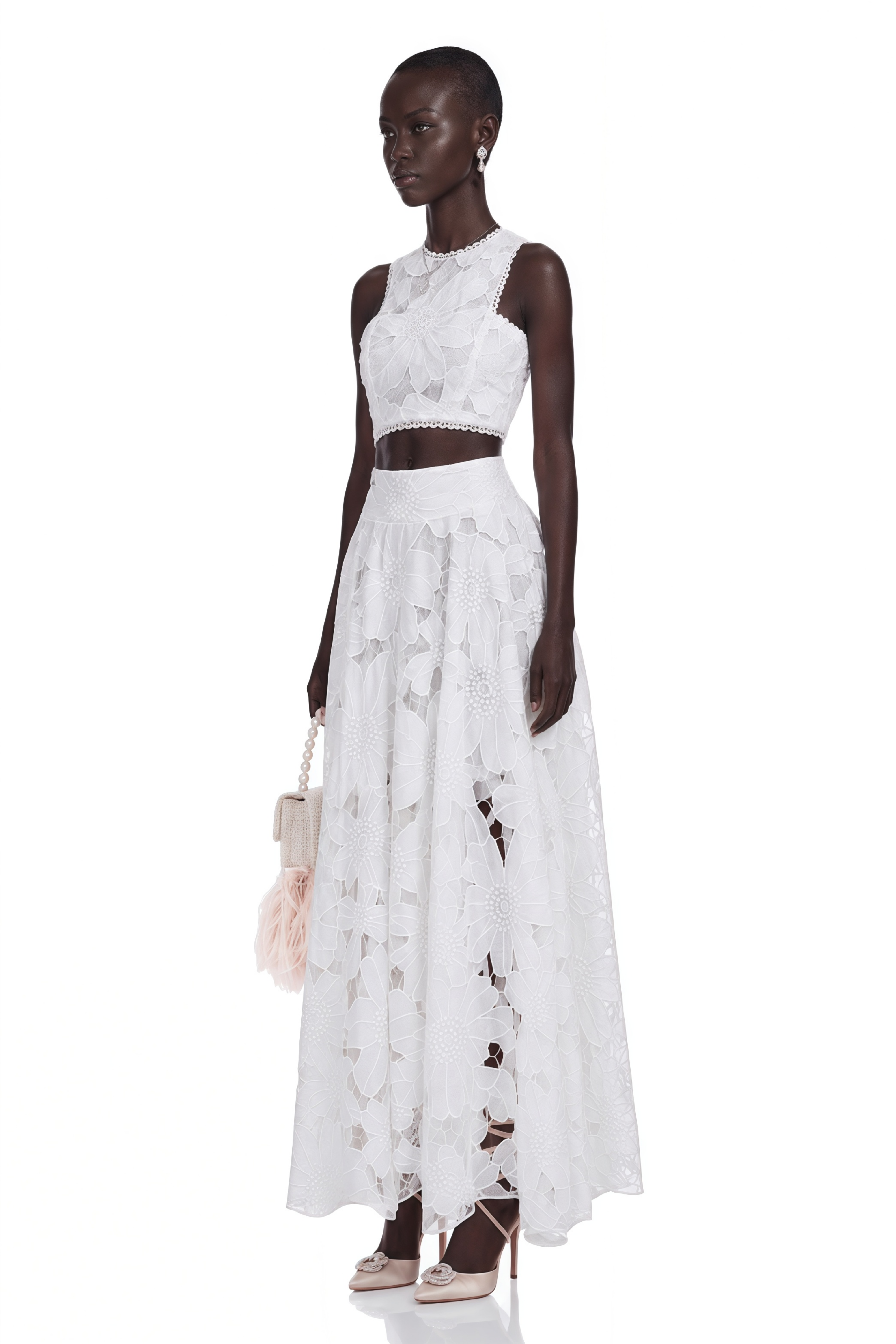 Bilun White Cut-Out Lace Top & Skirt Set