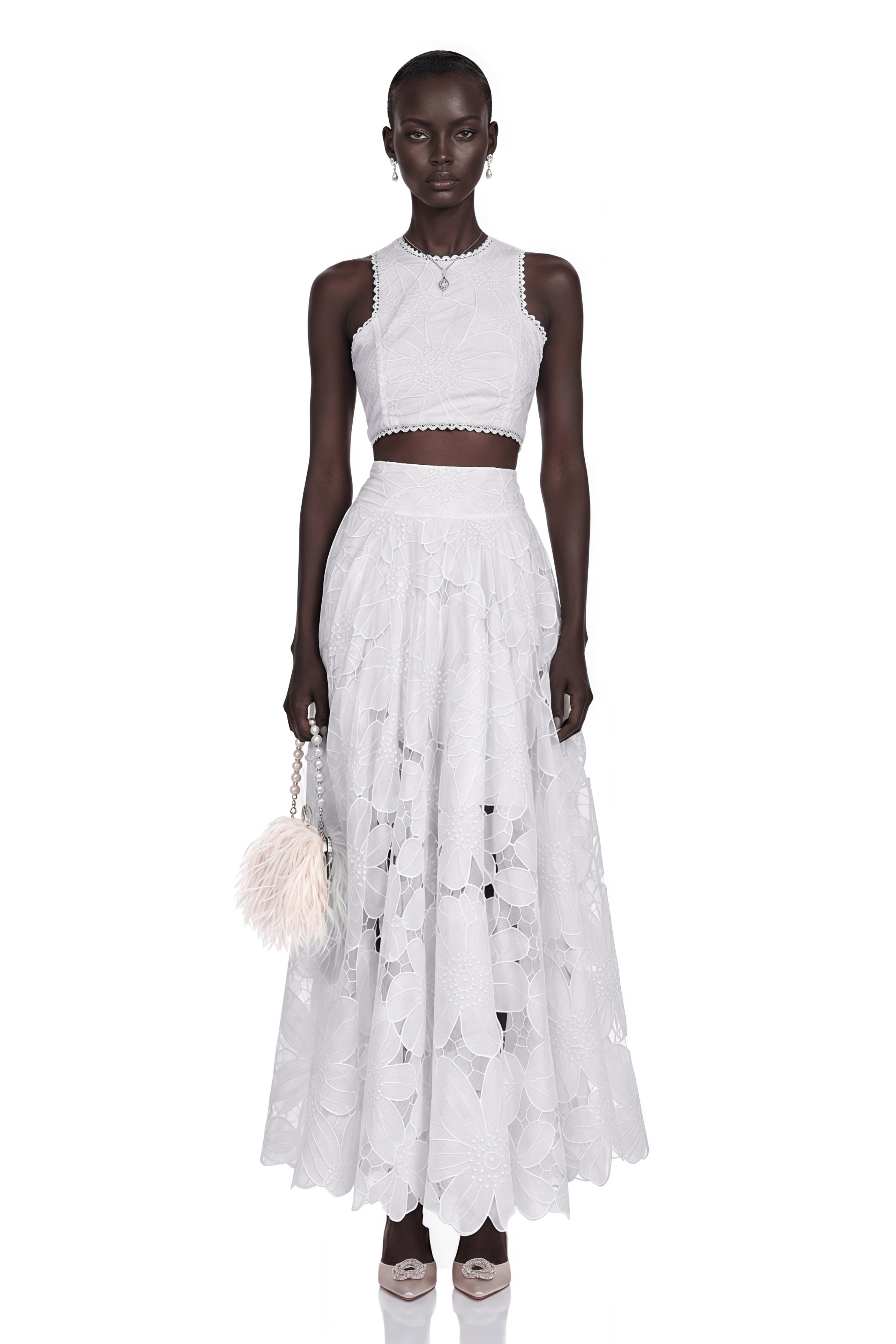 Bilun White Cut-Out Lace Top & Skirt Set