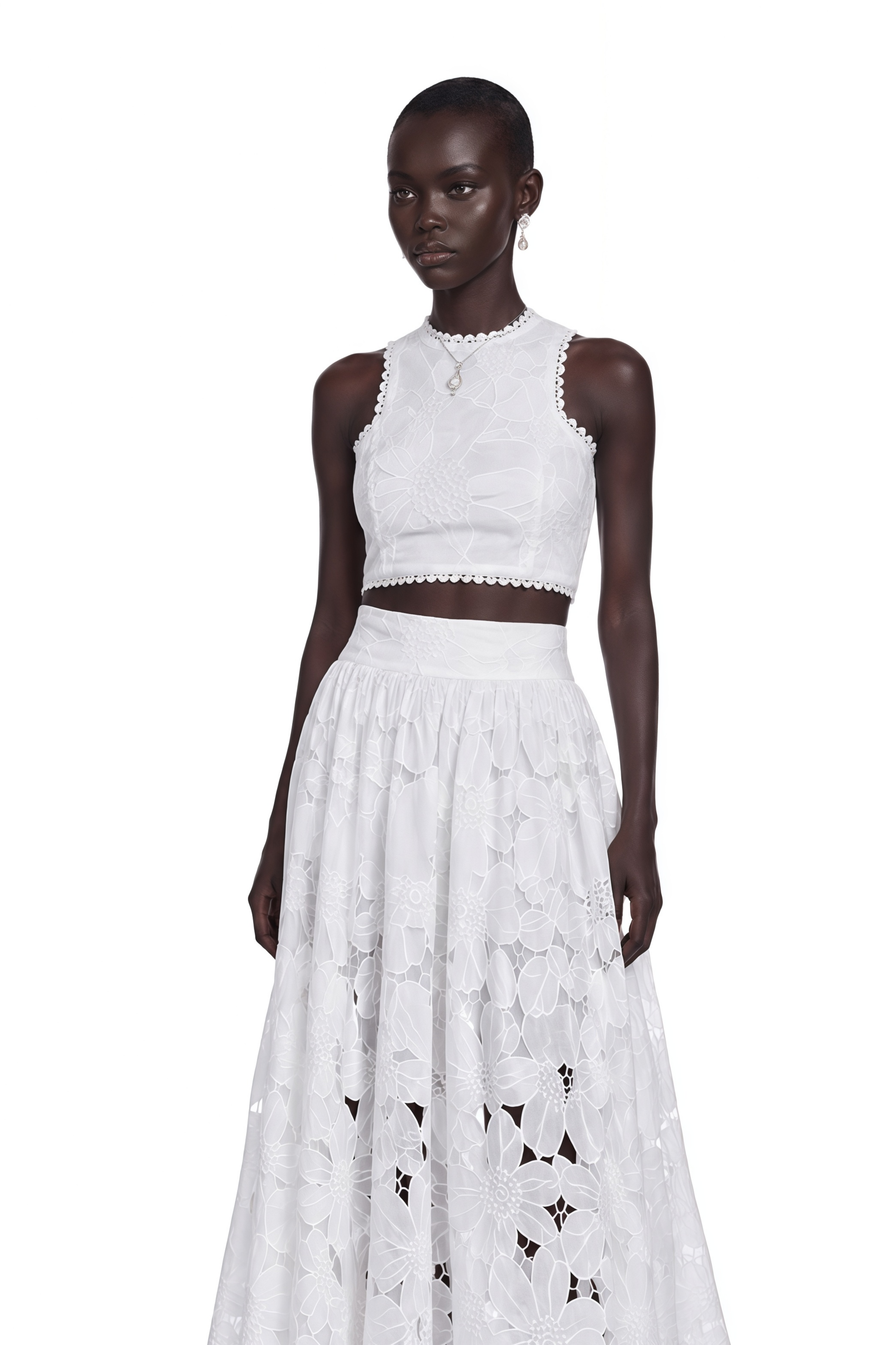 Bilun White Cut-Out Lace Top & Skirt Set