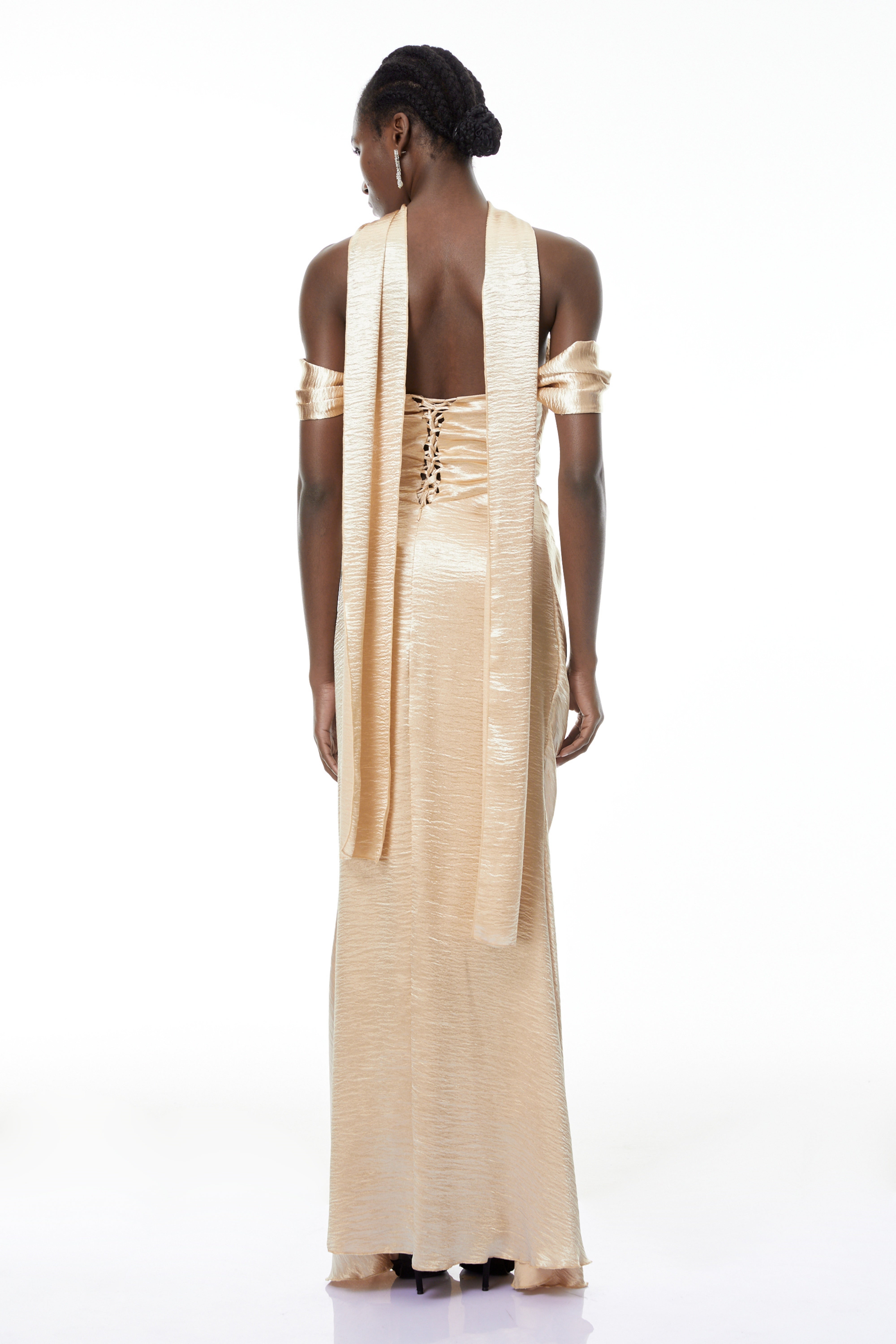 Blanche Gold Off Shoulder Mermaid Maxi Dress (Final Sale-US Only)