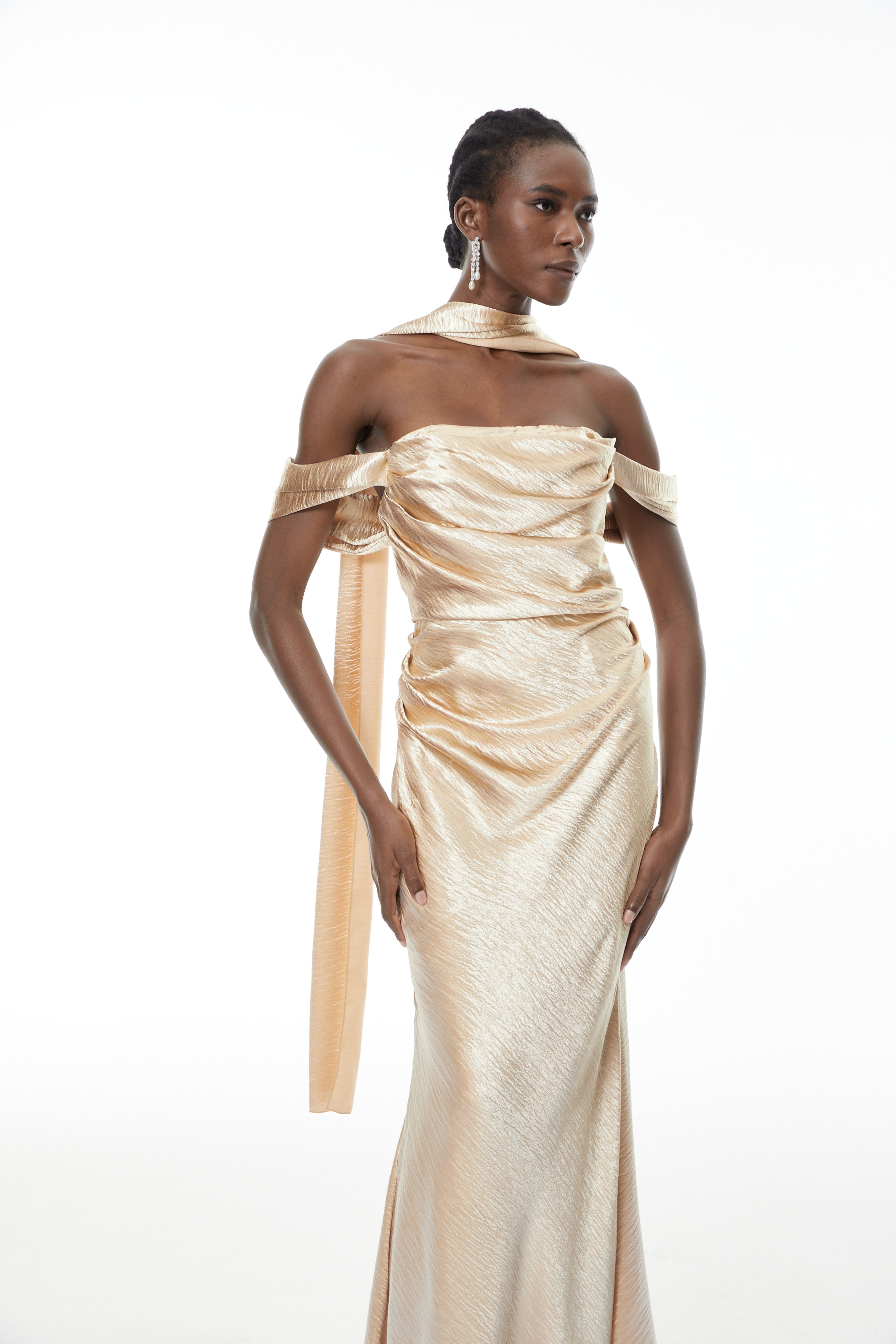 Blanche Gold Off Shoulder Mermaid Maxi Dress (Final Sale-US Only)