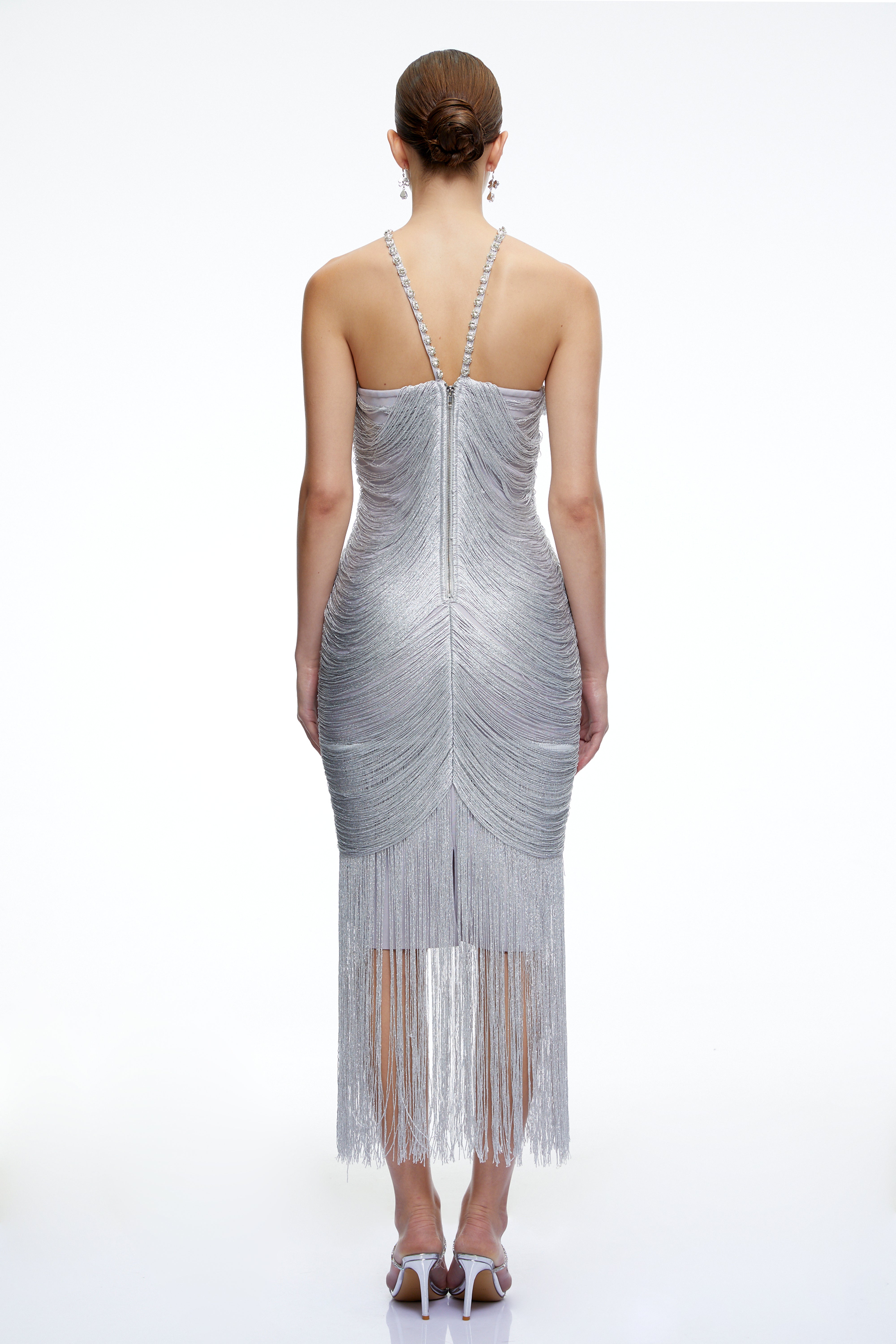 Bohdana Silver Halterneck Midi Dress with Fringe
