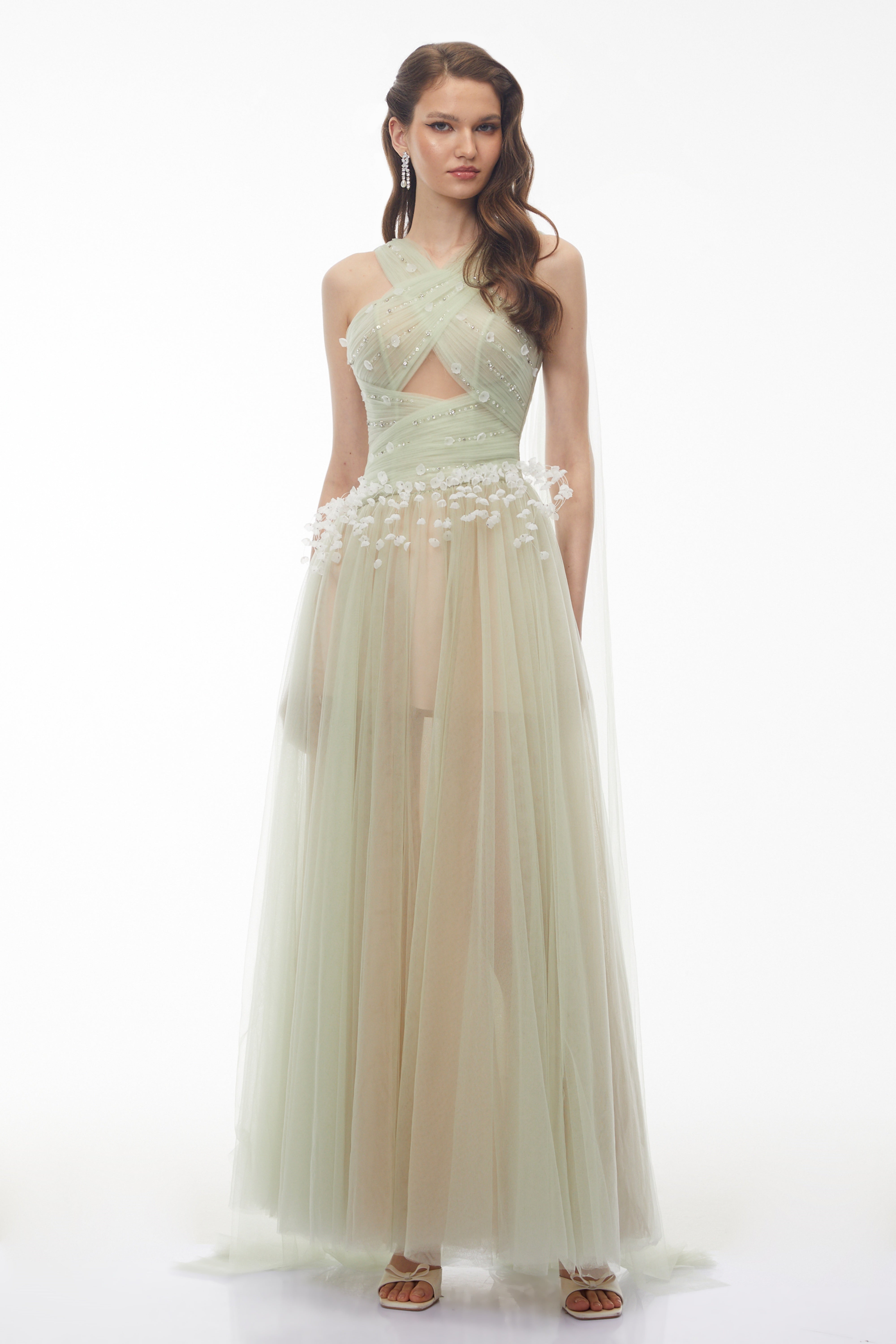 Bonnie Green Cross Front Maxi Dress with 3D Petals