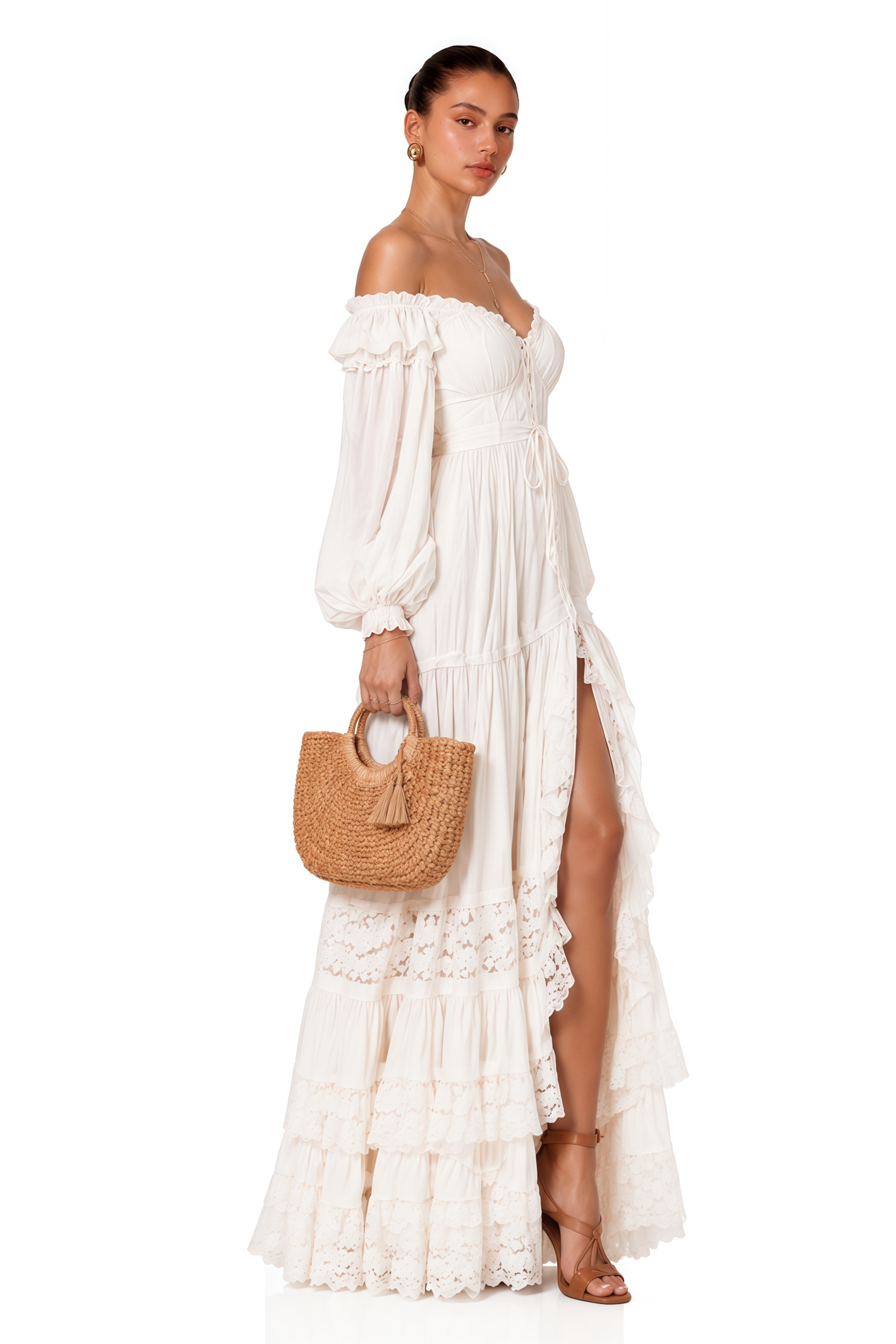 Brielle White Off Shoulder Lace Maxi Dress with Slit