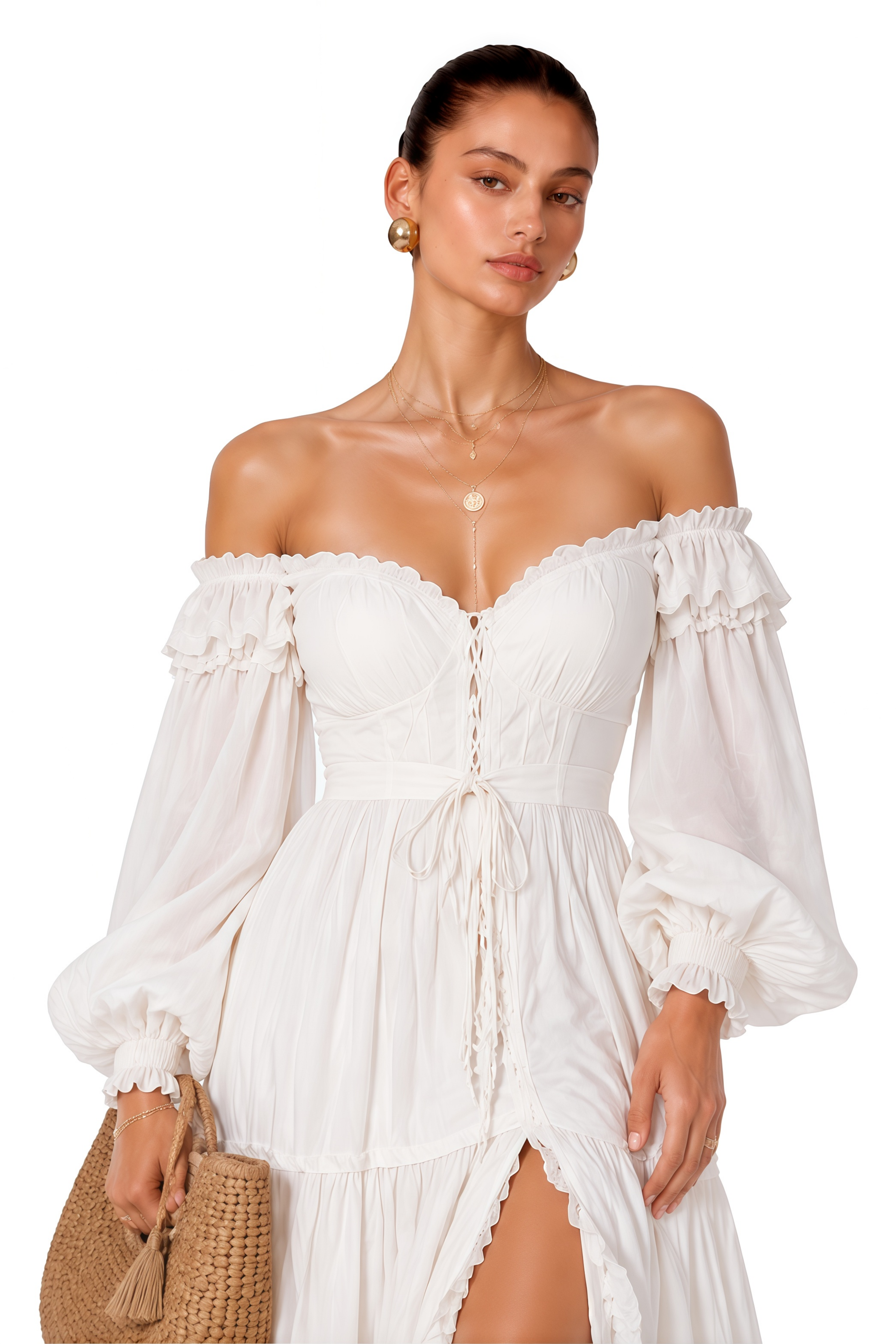 Brielle White Off Shoulder Lace Maxi Dress with Slit