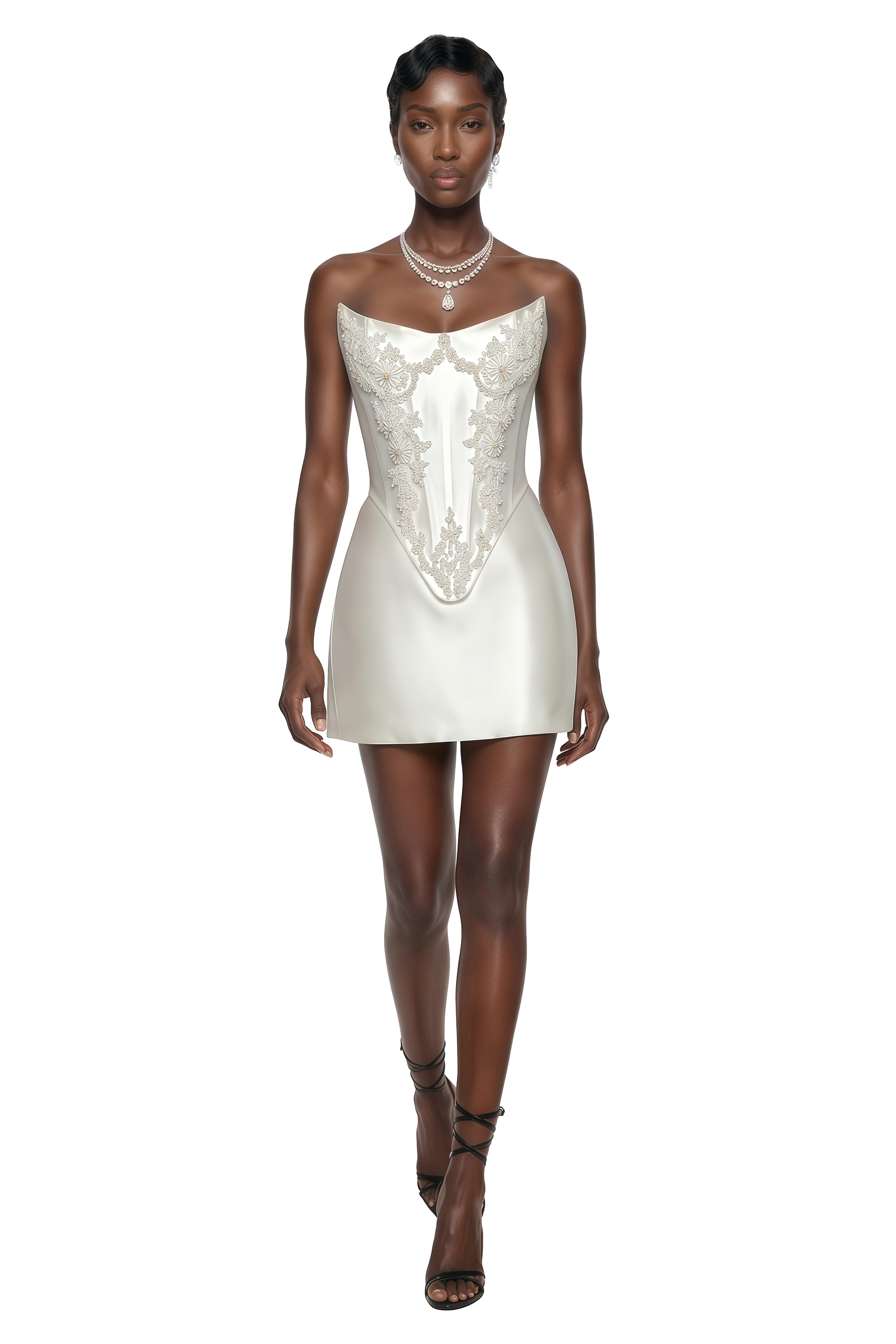 White satin strapless mini dress featuring an elongated corset bodice with intricate bead and pearl embroidery
