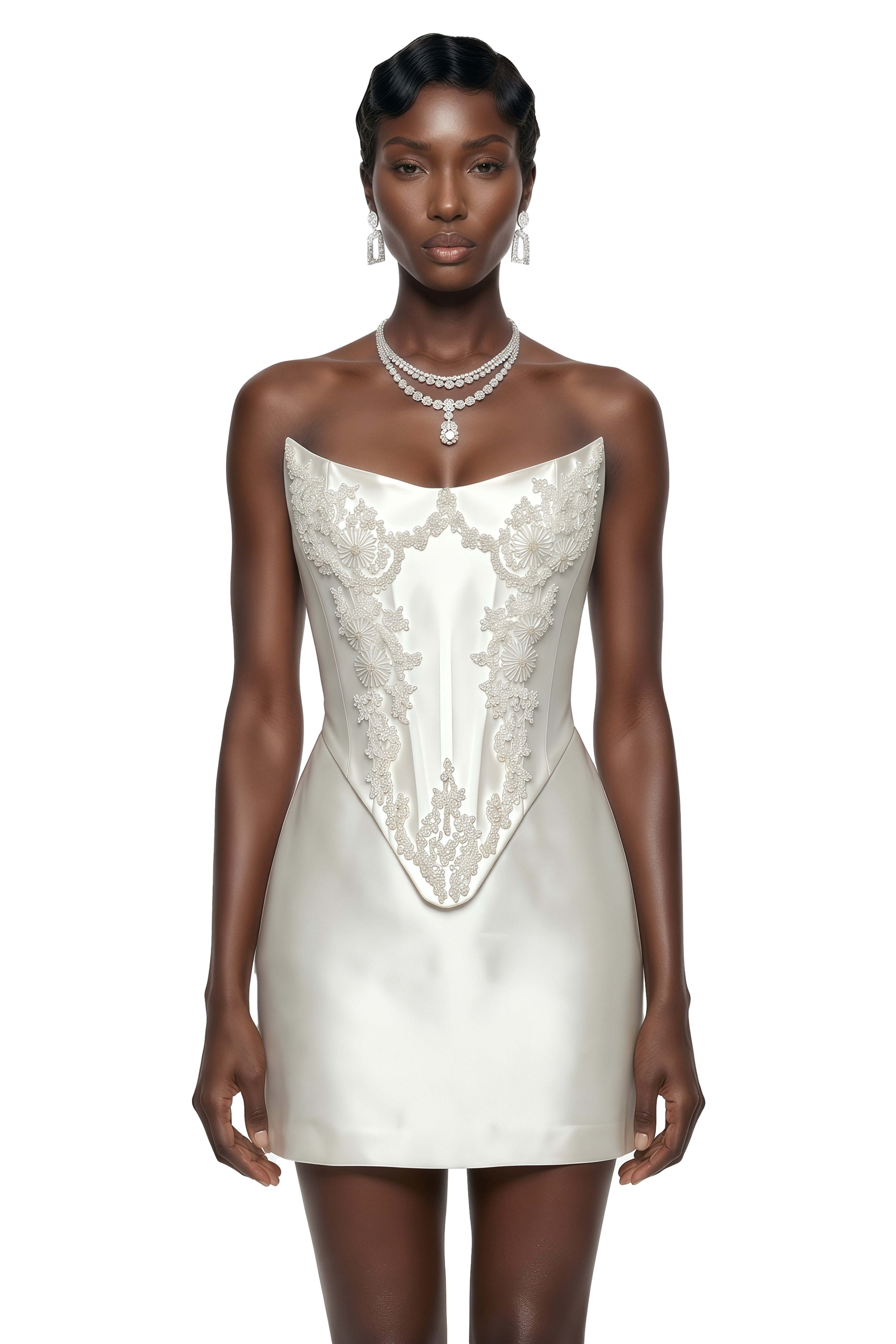 White satin strapless mini dress featuring an elongated corset bodice with intricate bead and pearl embroidery