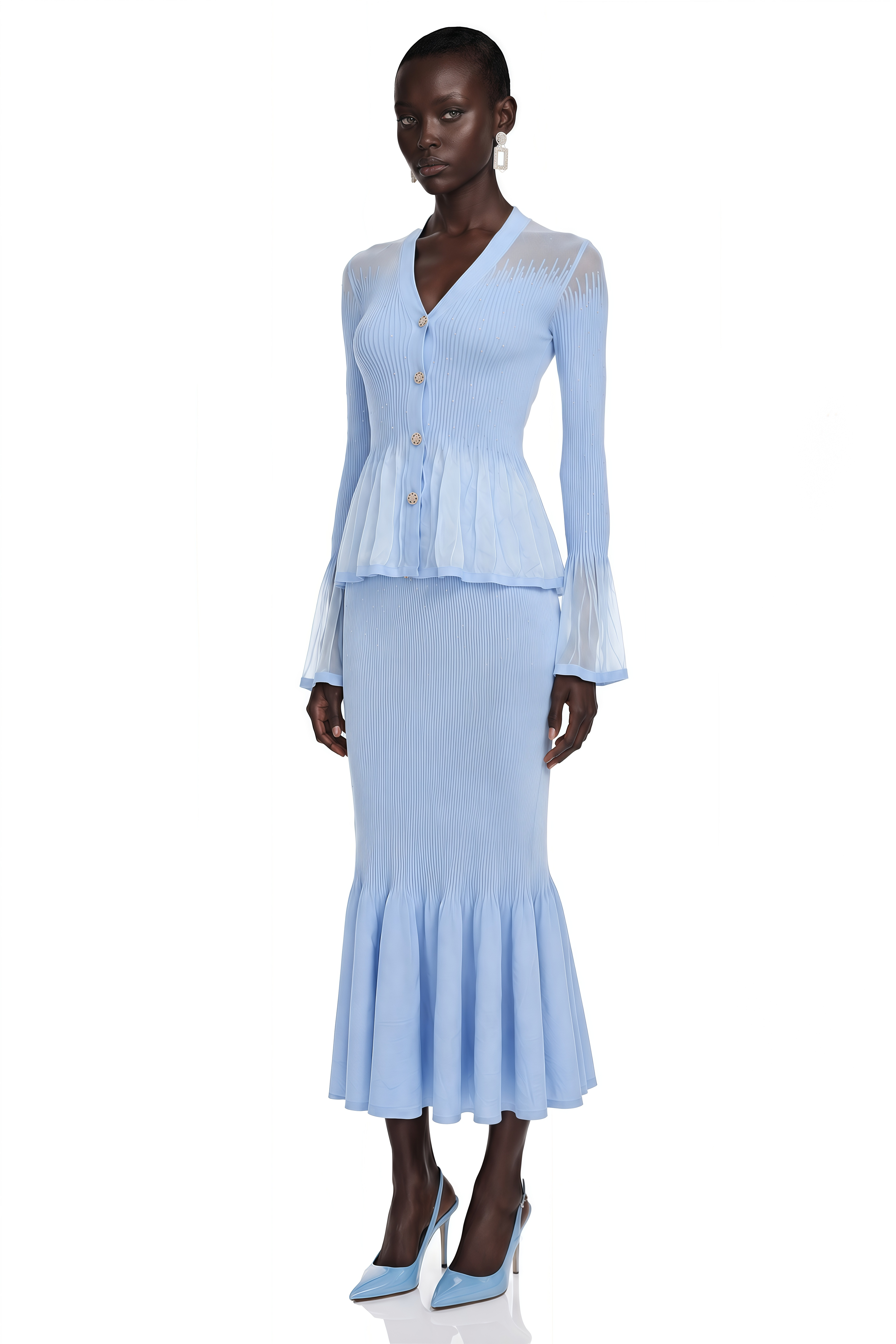 Briony Blue V-Neck Knit Top & Skirt Set