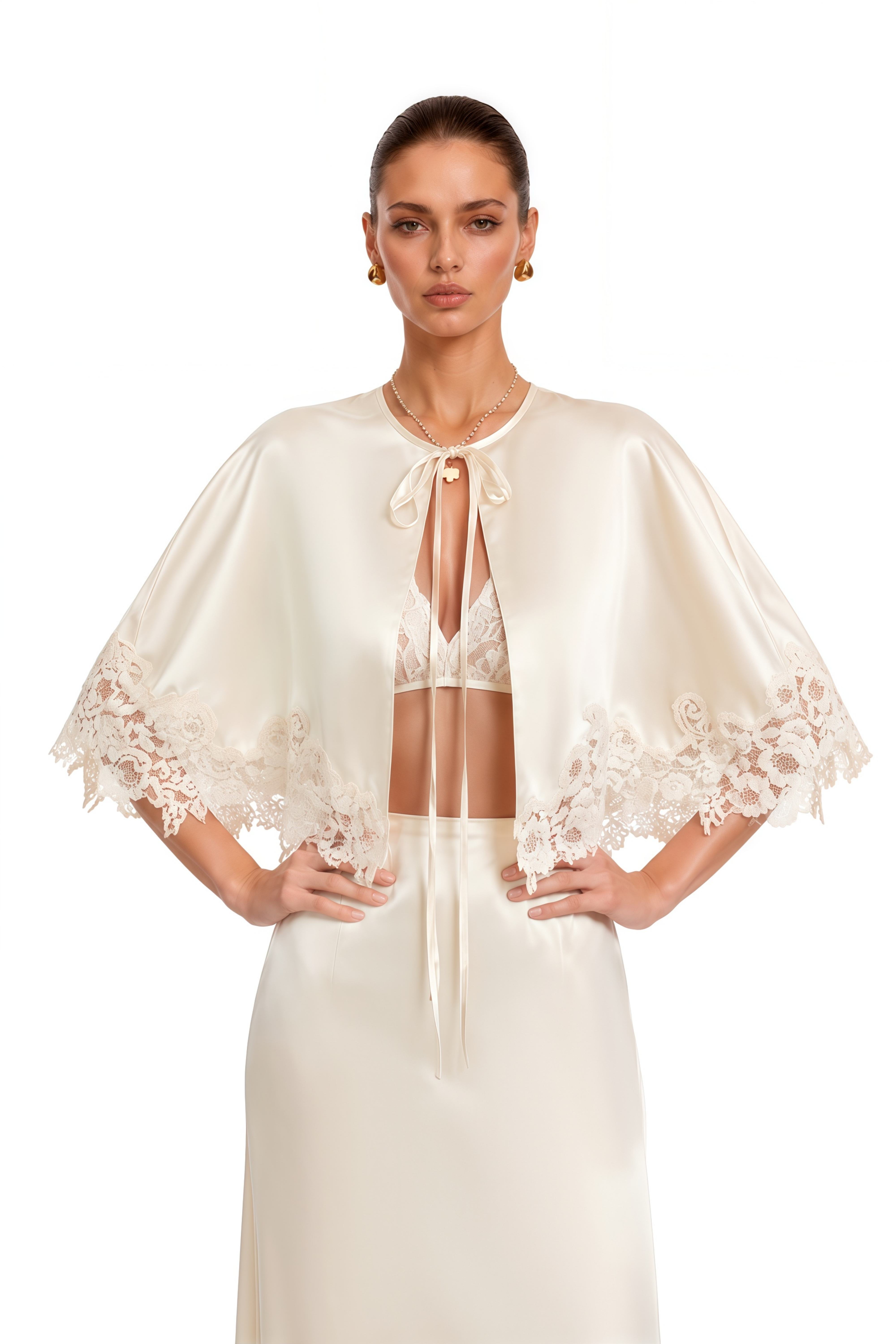 Brunilda Neutral Lace Trim Cape Top & Skirt Set