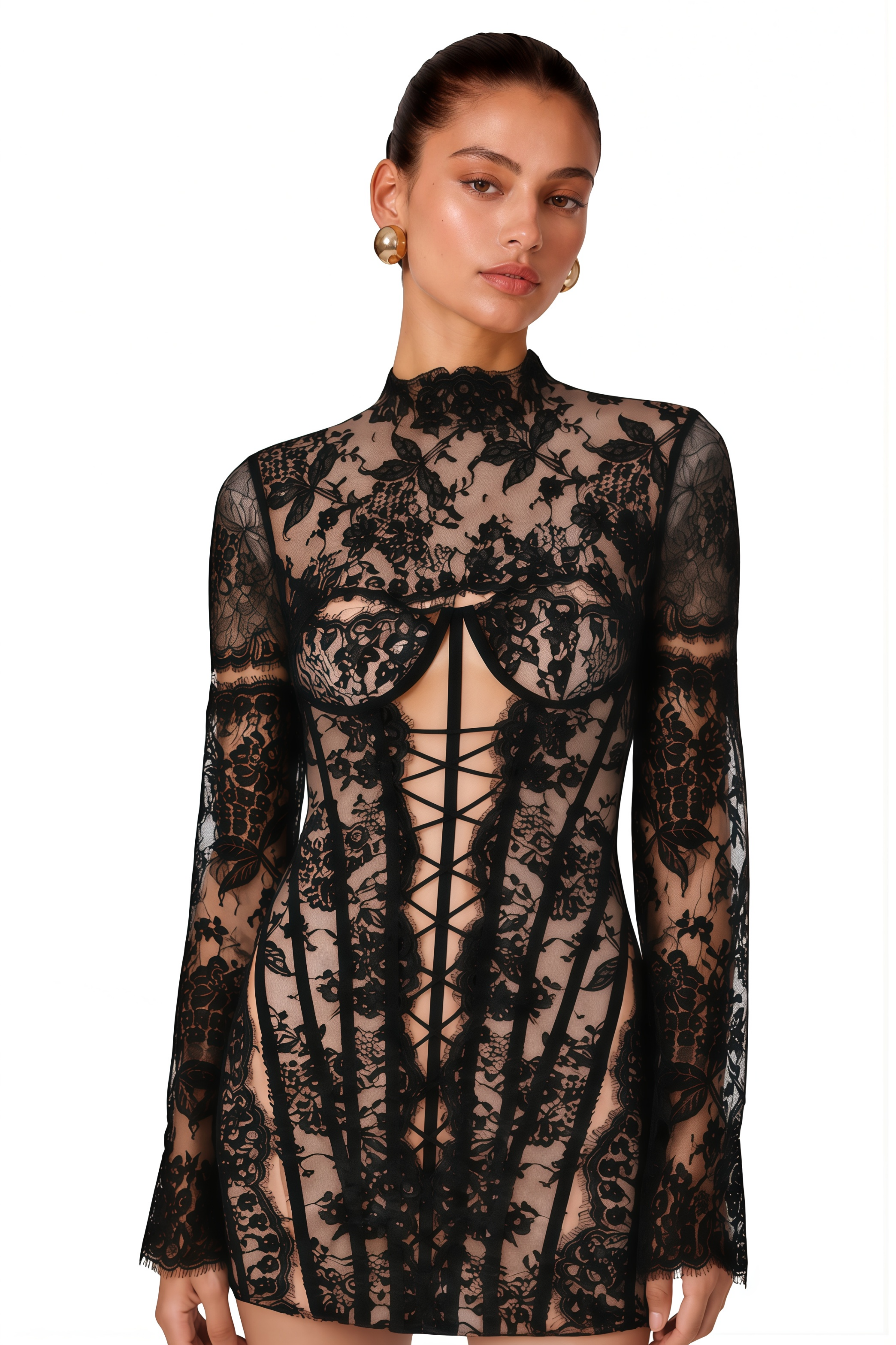 Black lace corset-style mini dress with bell sleeves