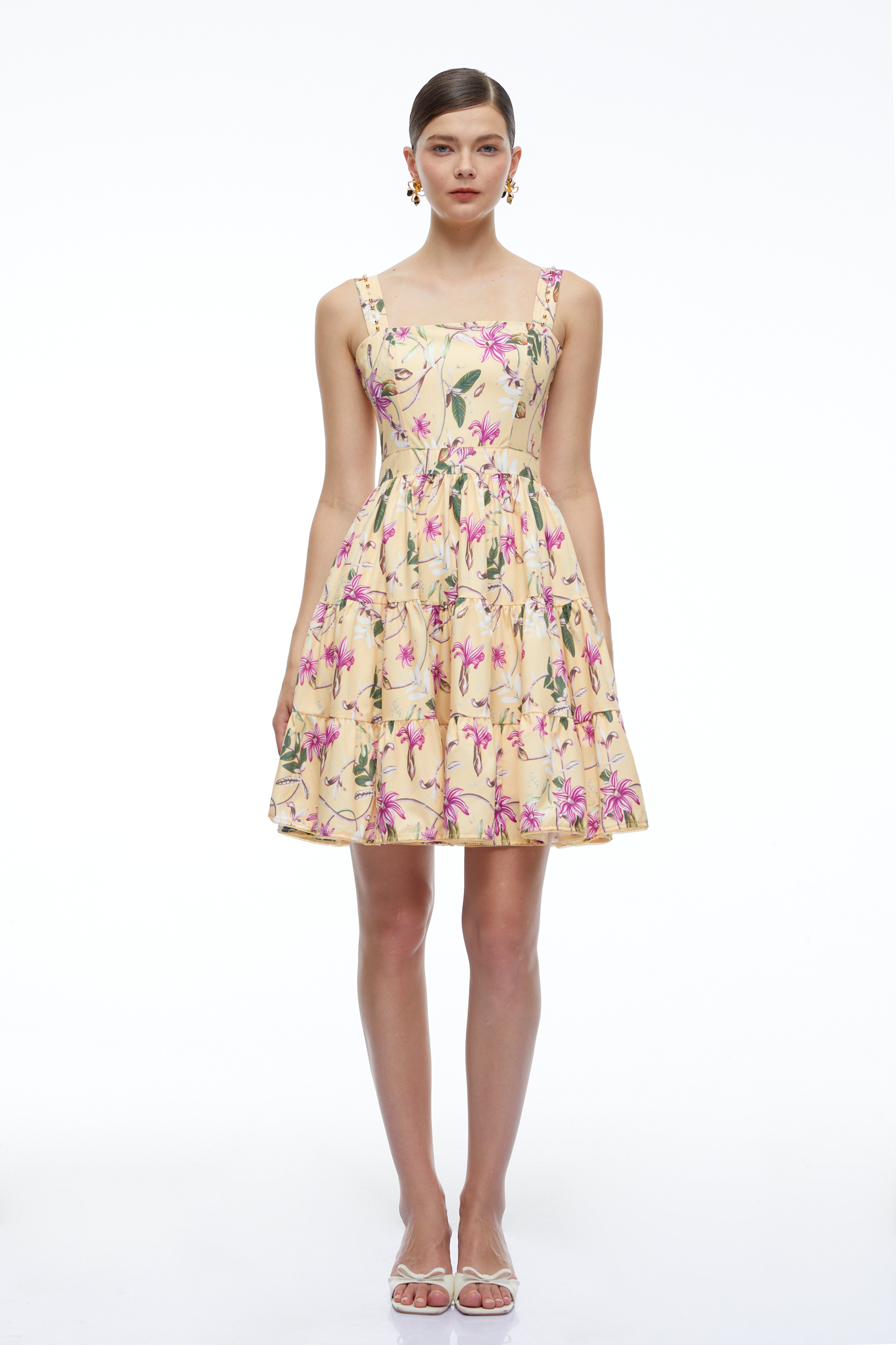 Flavie Neutral Floral Square Neck Tiered Mini Dress
