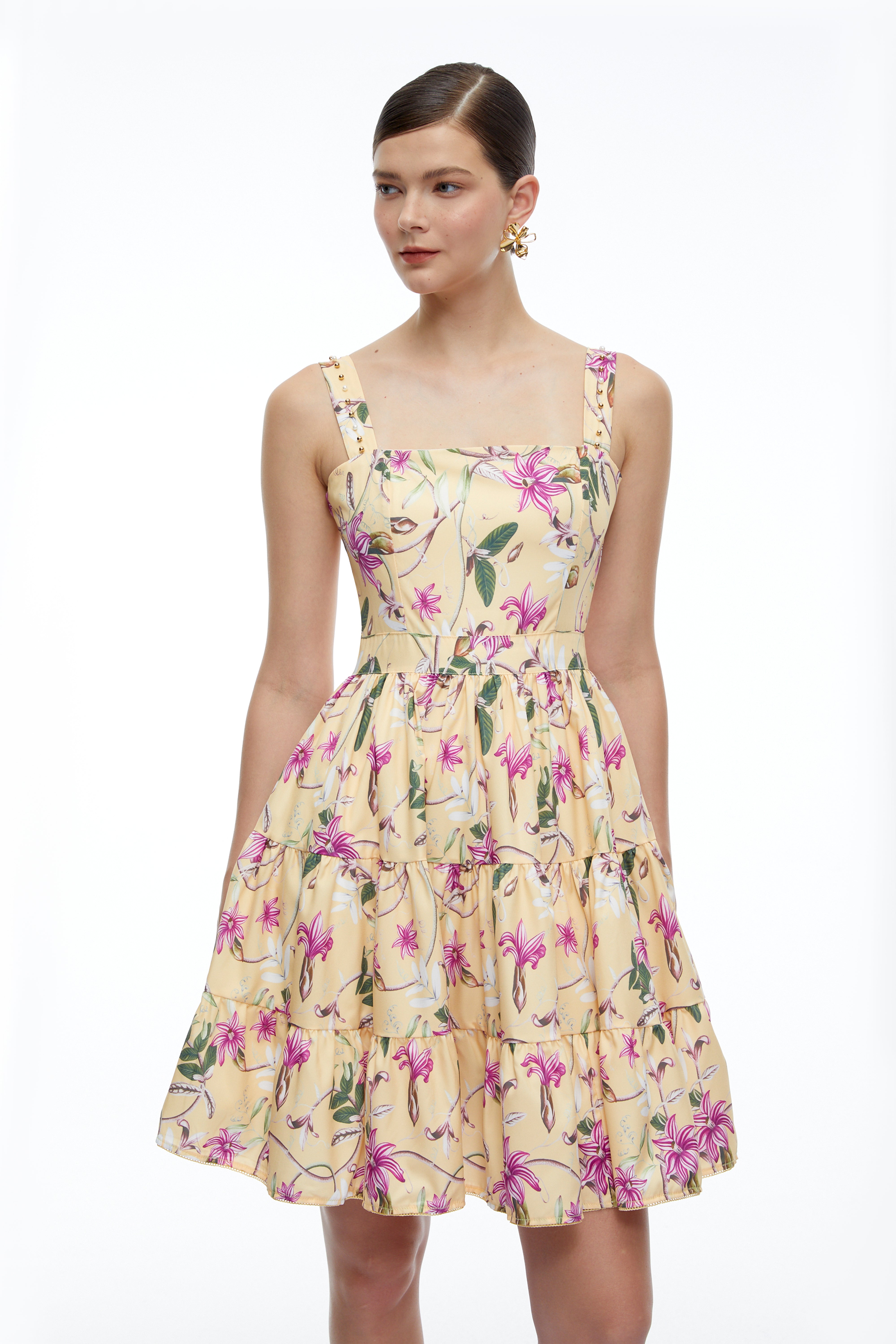 Flavie Neutral Floral Square Neck Tiered Mini Dress