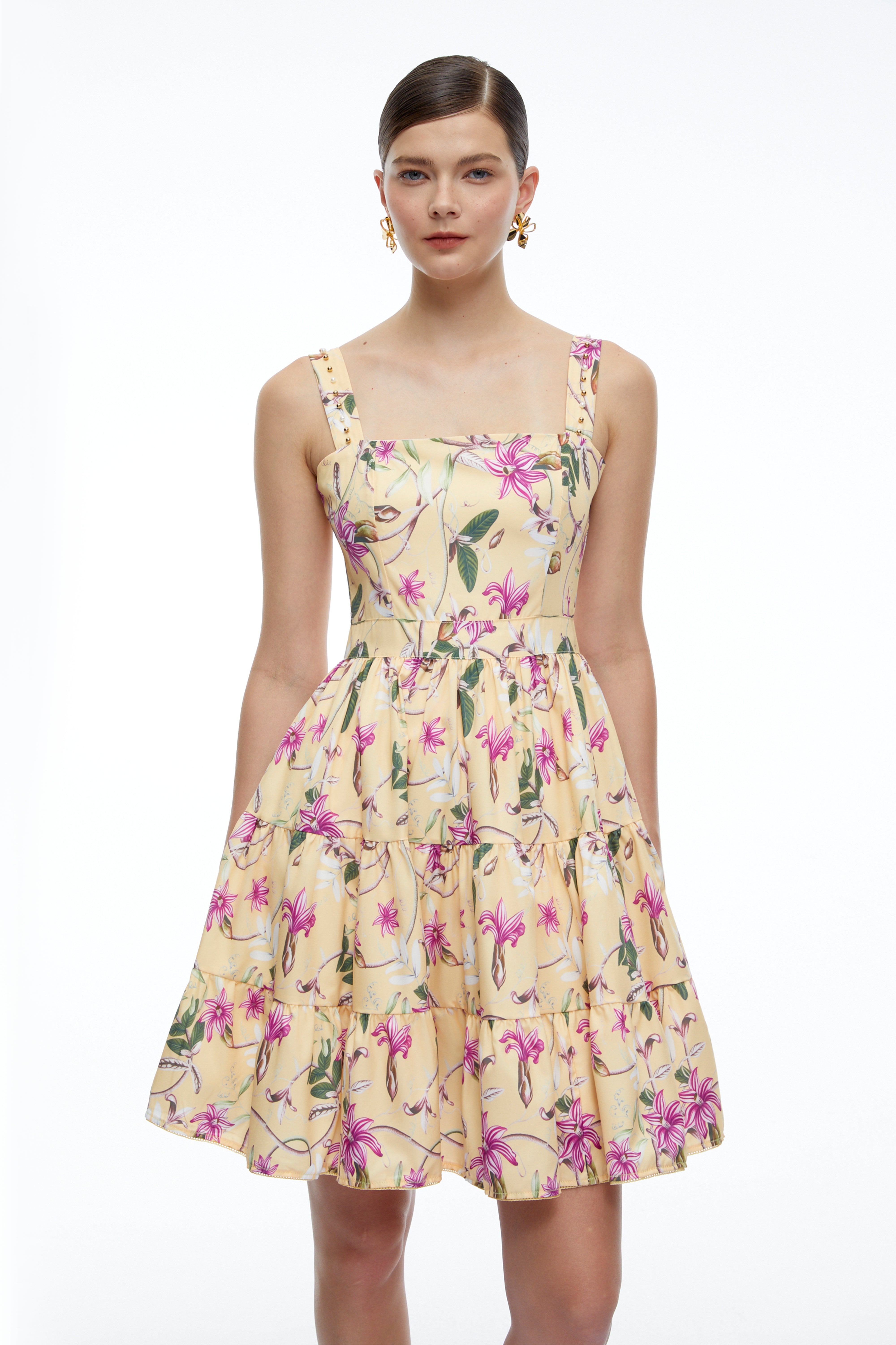 Flavie Neutral Floral Square Neck Tiered Mini Dress