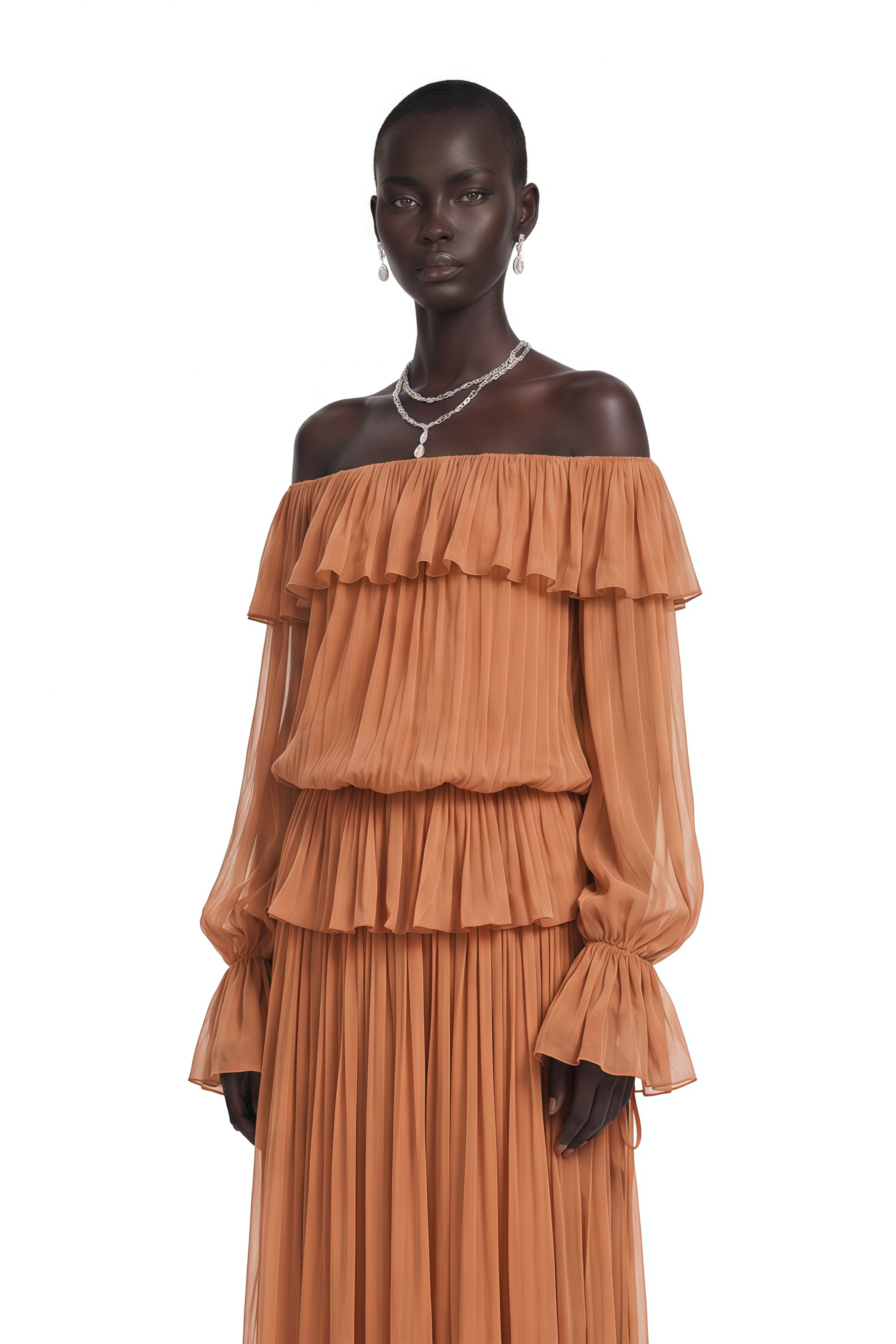 Calantha Chocolate Brown Off Shoulder Ruffled Top & Skirt Set
