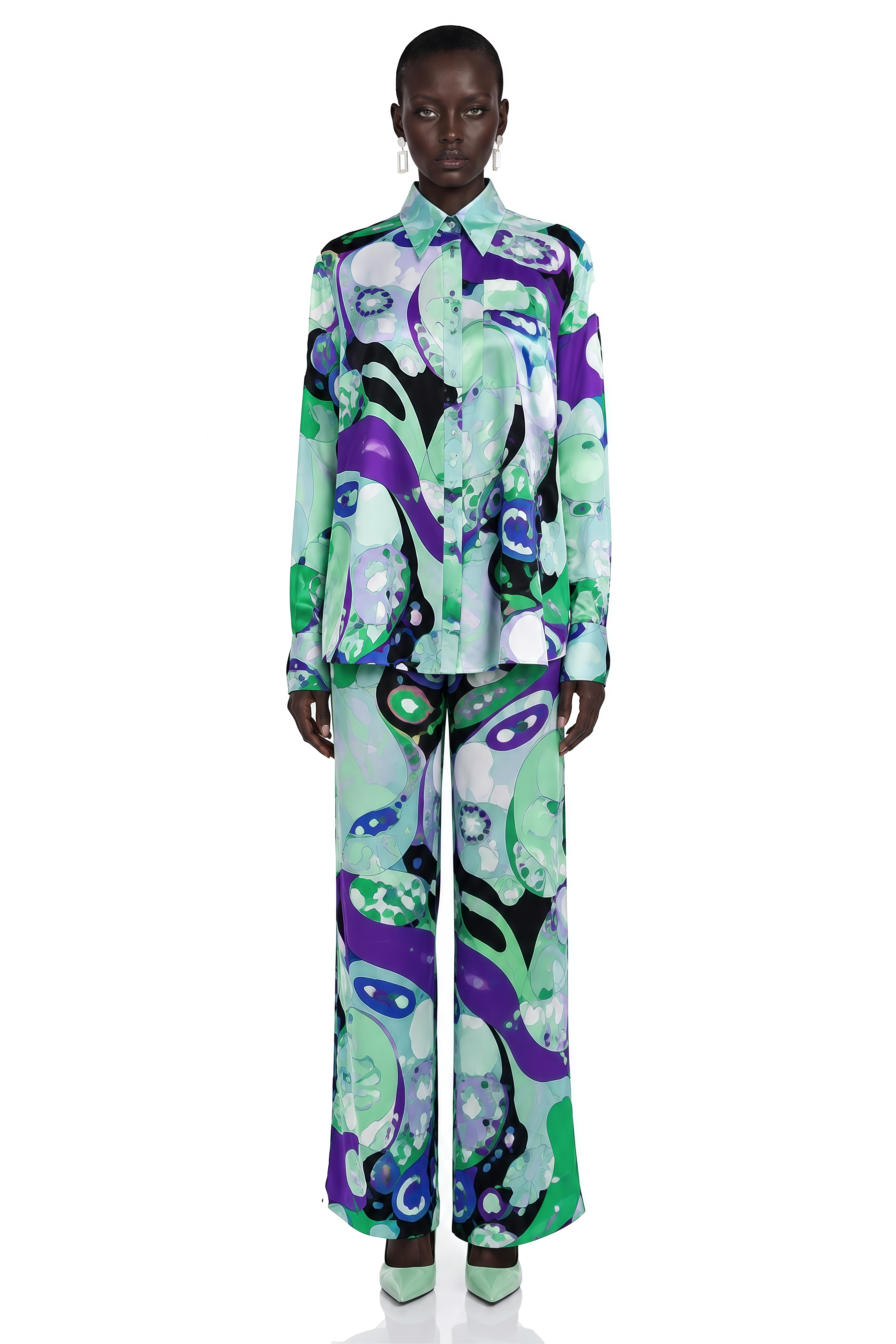 Calista Green Printed Shirt & Wide-Leg Trousers Set