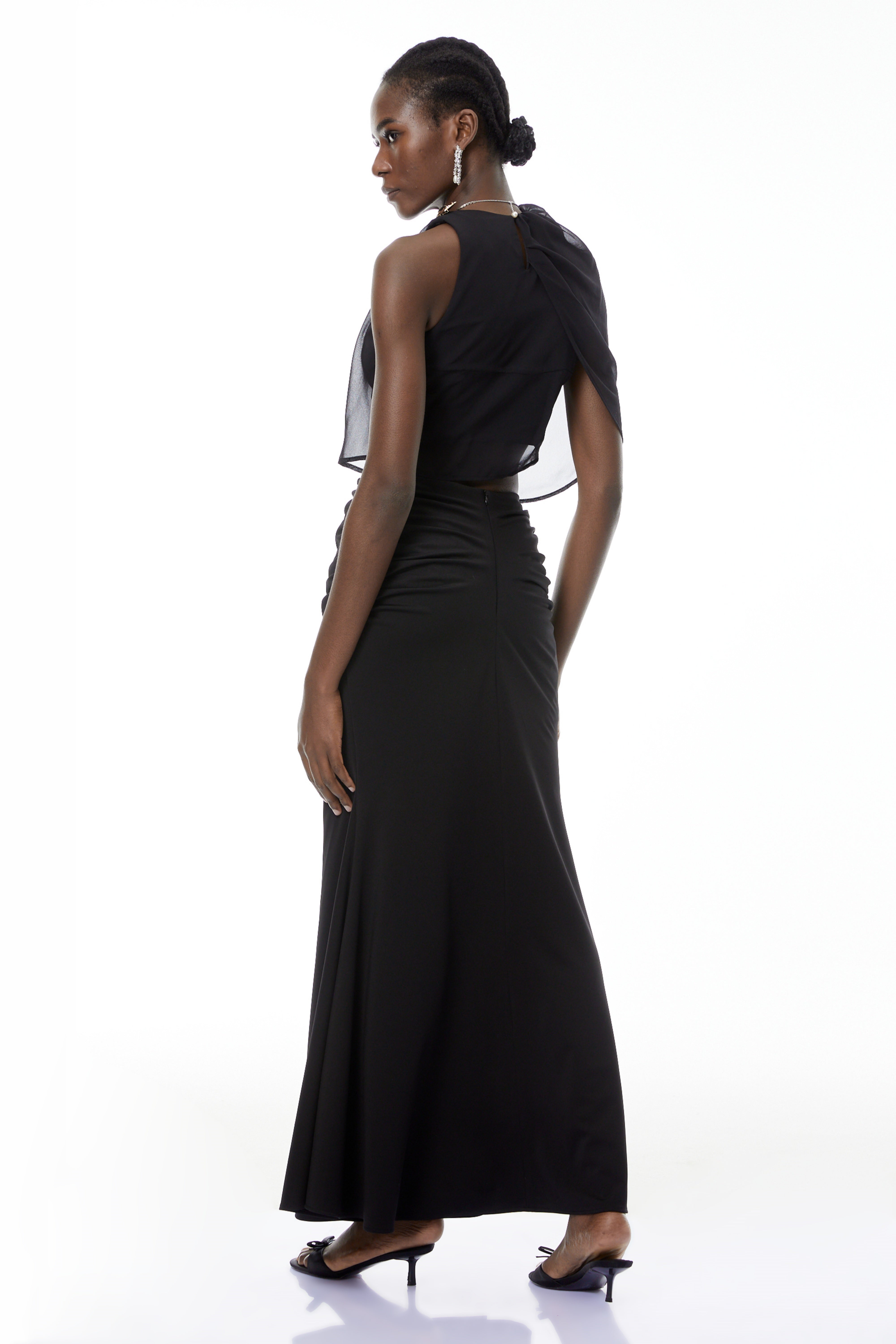 Calypso Black Asymmetrical Ruched Top & Skirt Set (Final Sale-US Only)