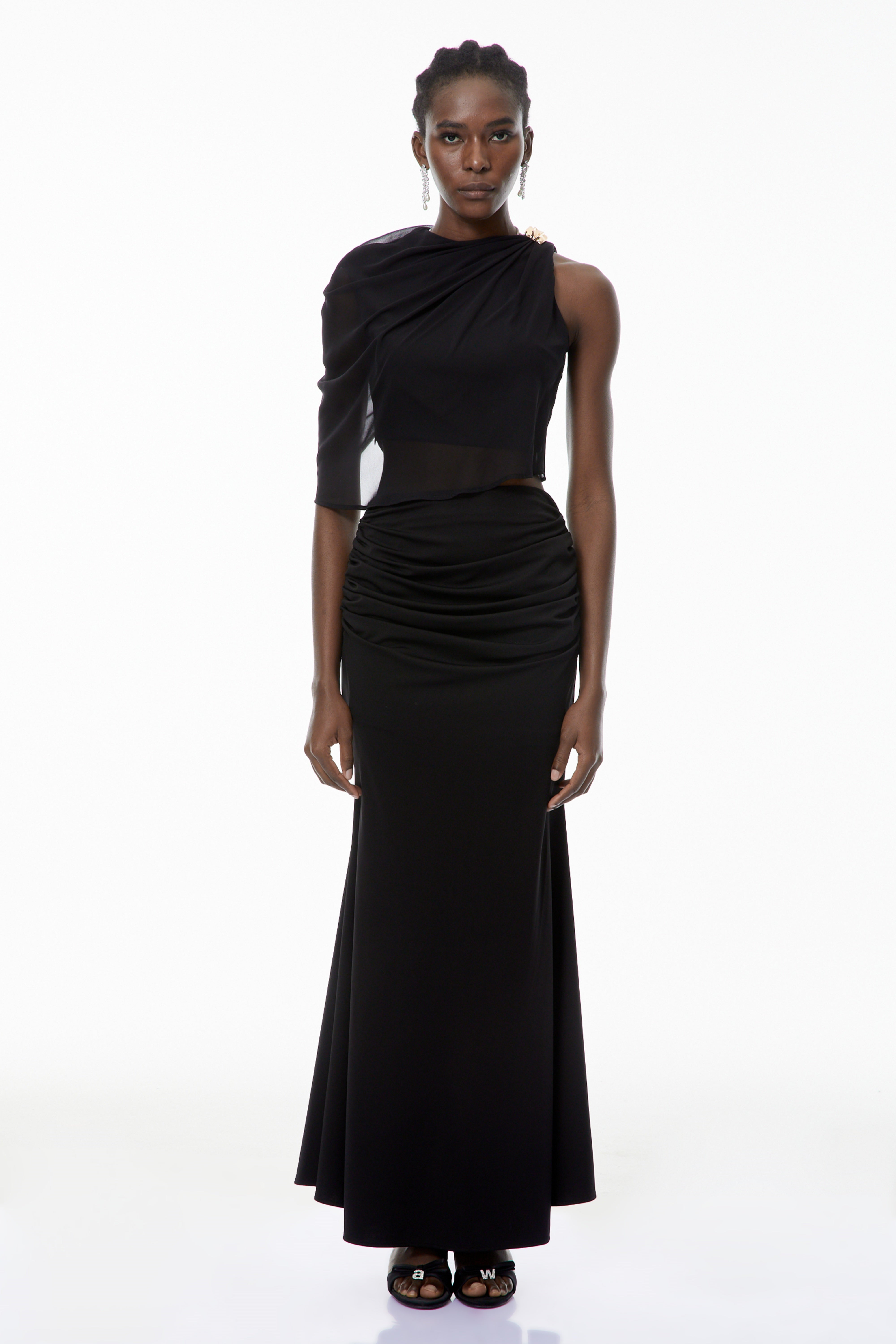 Calypso Black Asymmetrical Ruched Top & Skirt Set (Final Sale-US Only)