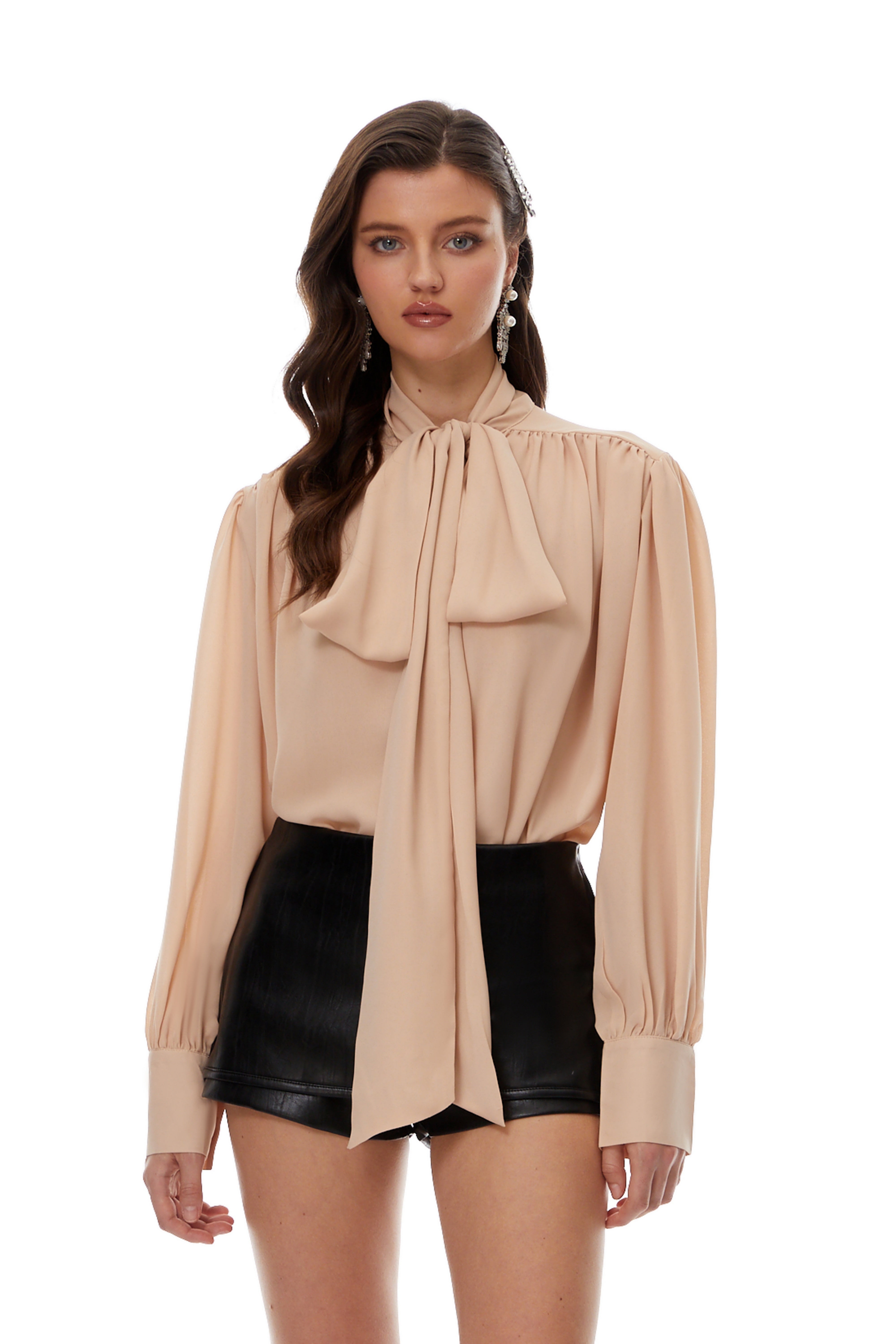 Chemisier froncé à col noué Camilla Neutrals
