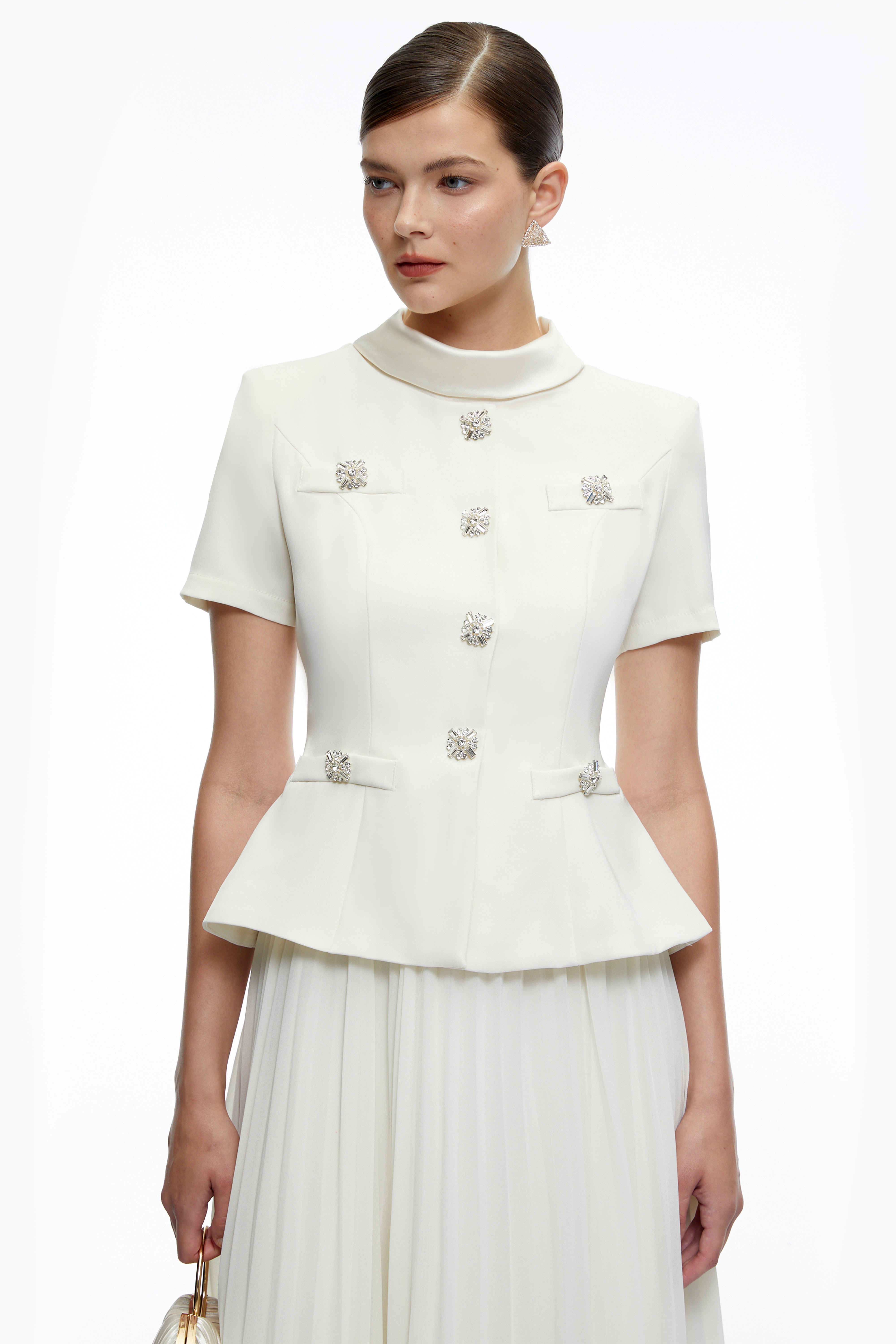 Camille Neutral Structured Pleated Midi Dress