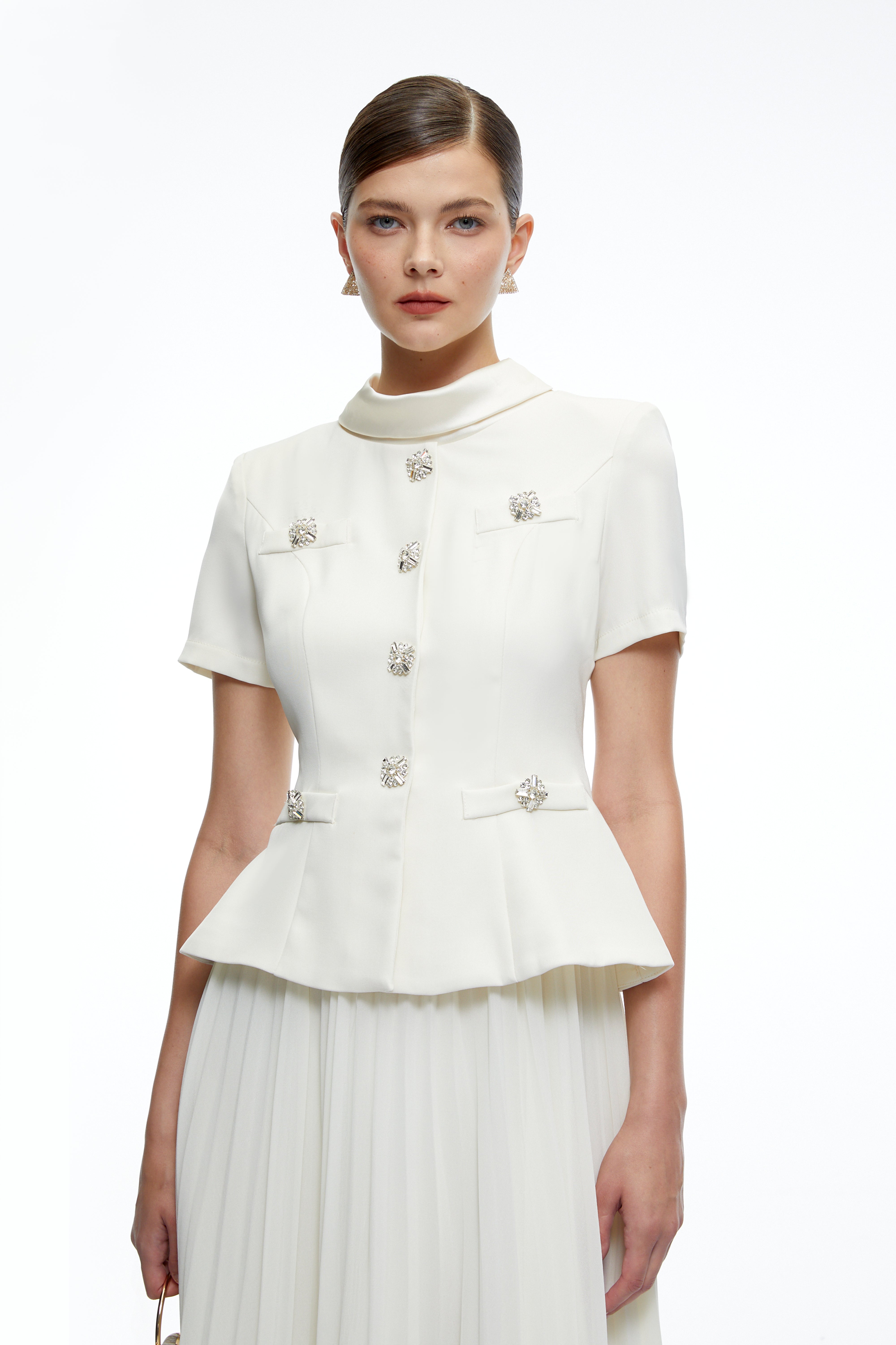 Camille Neutral Structured Pleated Midi Dress