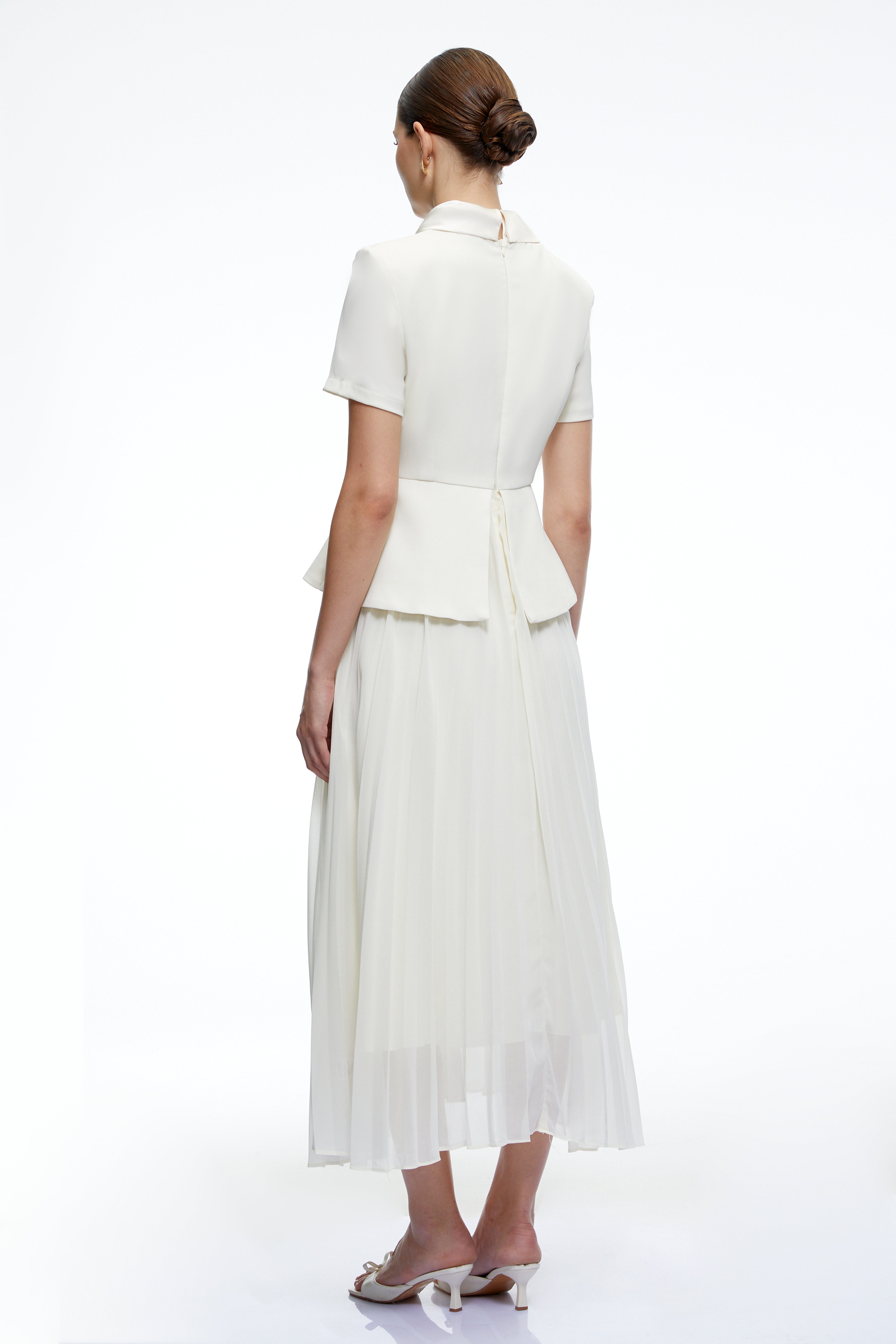 Camille Neutral Structured Pleated Midi Dress
